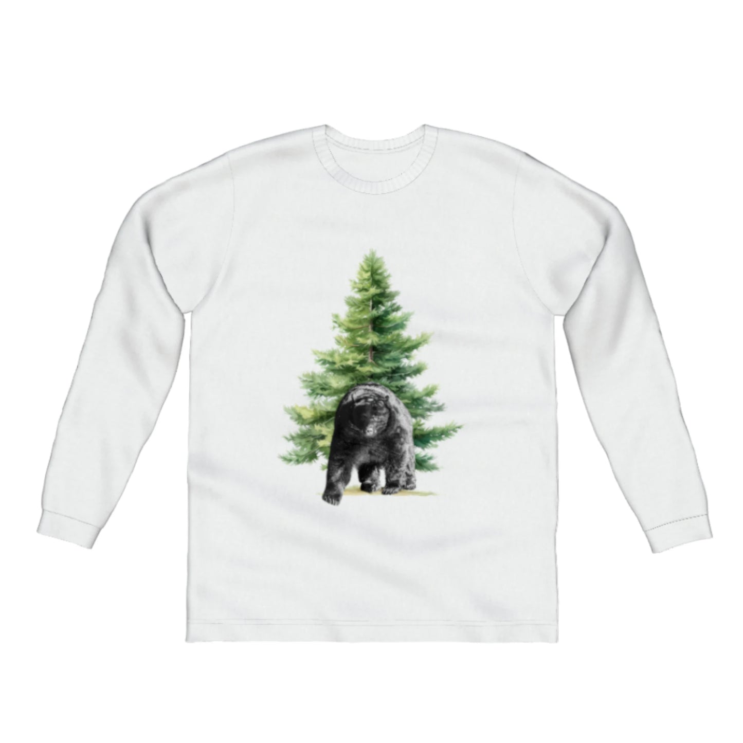 Observant Bear Comfort Long Sleeve Unisex T-shirt. the picture on the front of the shirt is of a bear standing in front of a tree.  by van isle goddess dot com