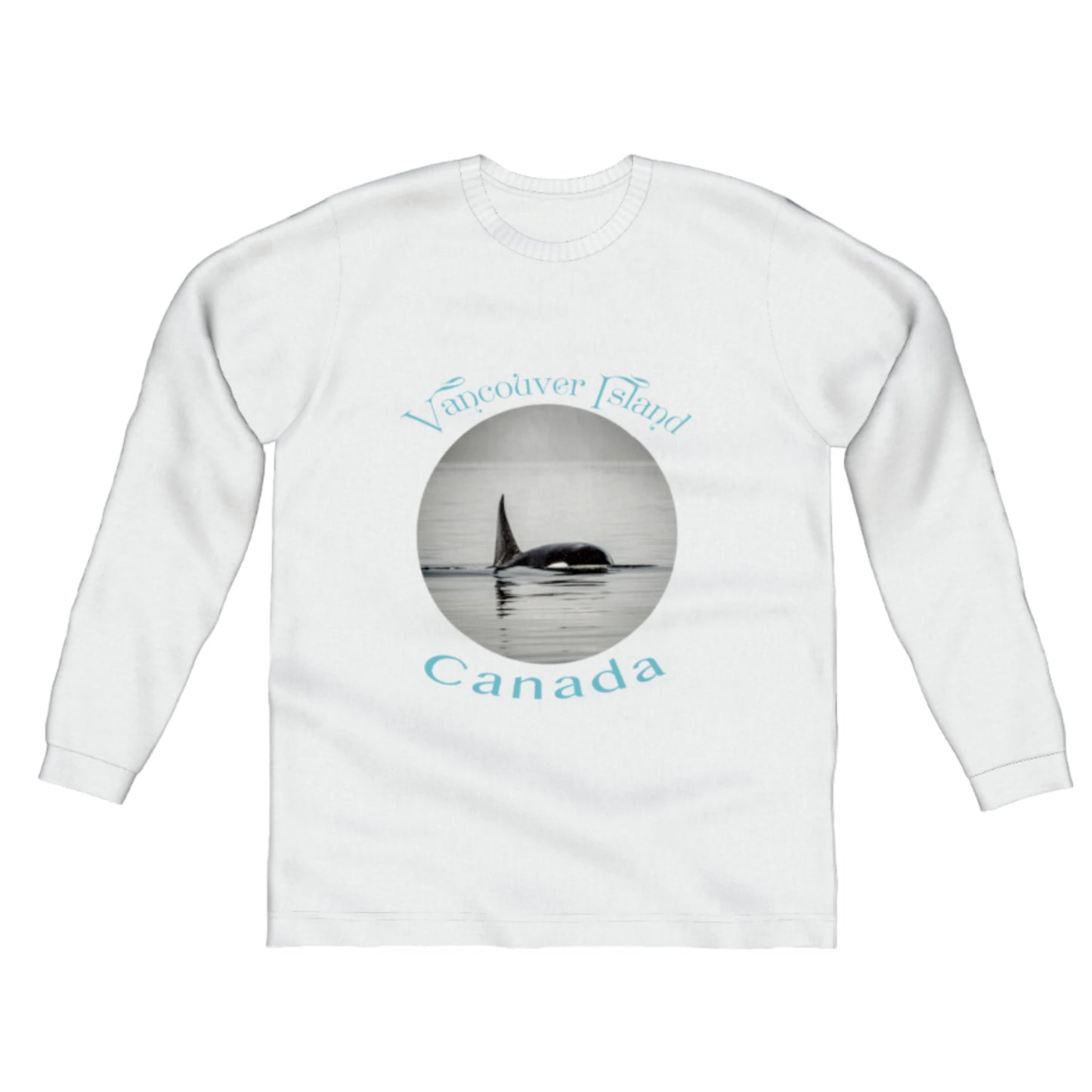 Orca Spray Vancouver Island Canada Comfort Long Sleeve Unisex T-shirt. The image is of a orca with the words vancouver island canada. by van isle goddess dot com