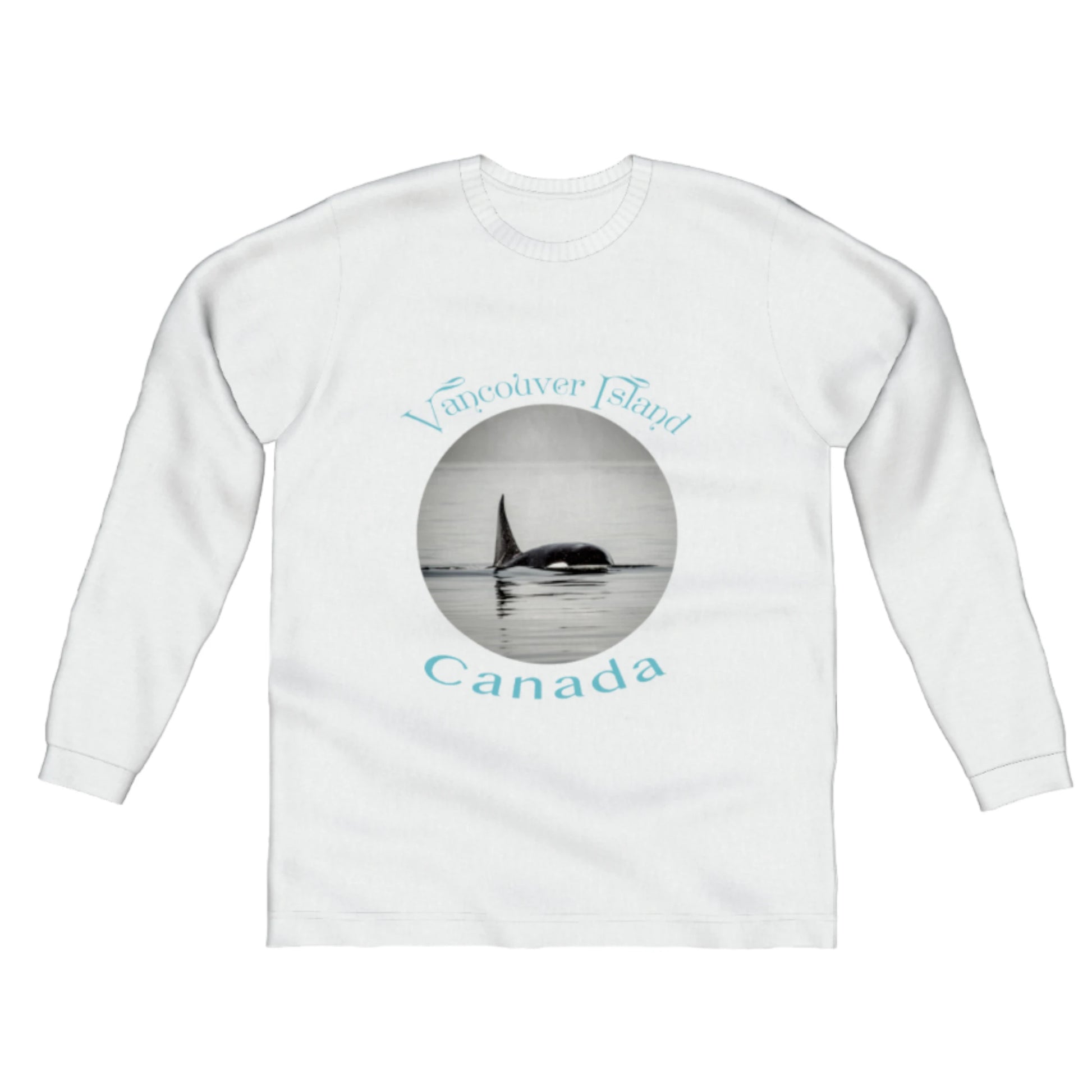 Orca Spray Vancouver Island Canada Comfort Long Sleeve Unisex T-shirt. The image is of a orca with the words vancouver island canada. by van isle goddess dot com