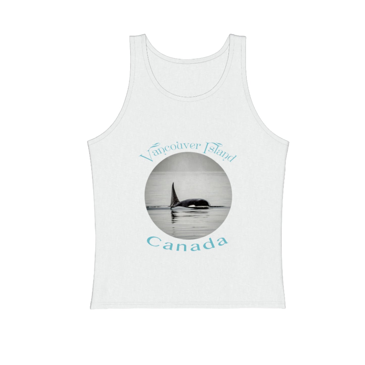 Orca Spray Vancouver island Canada premium unisex tank top in white.  The image is round and is of an orca exhaling and the misty plume of water sprays as the orca exhales. by van isle goddess dot com