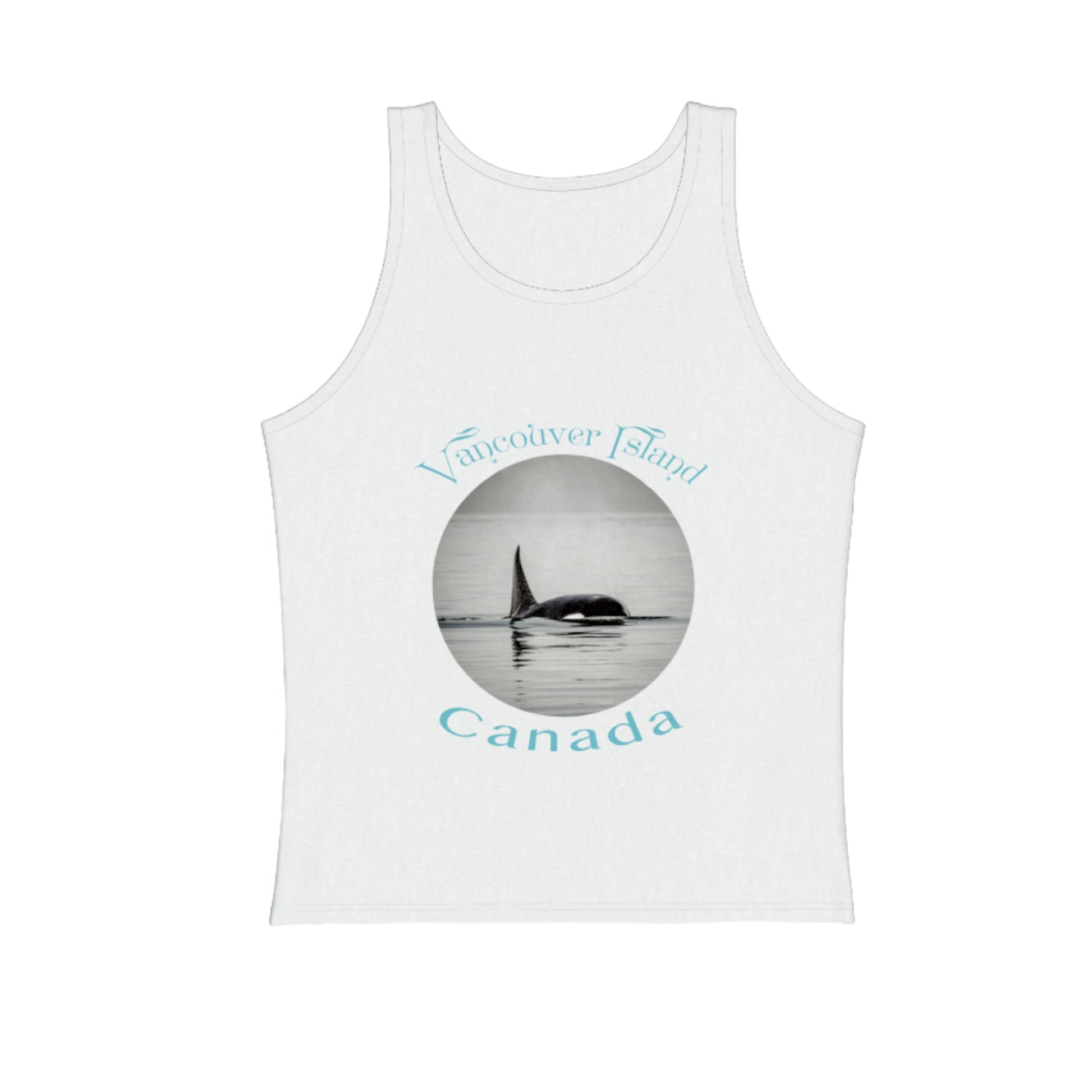 Orca Spray Vancouver island Canada premium unisex tank top in white.  The image is round and is of an orca exhaling and the misty plume of water sprays as the orca exhales. by van isle goddess dot com