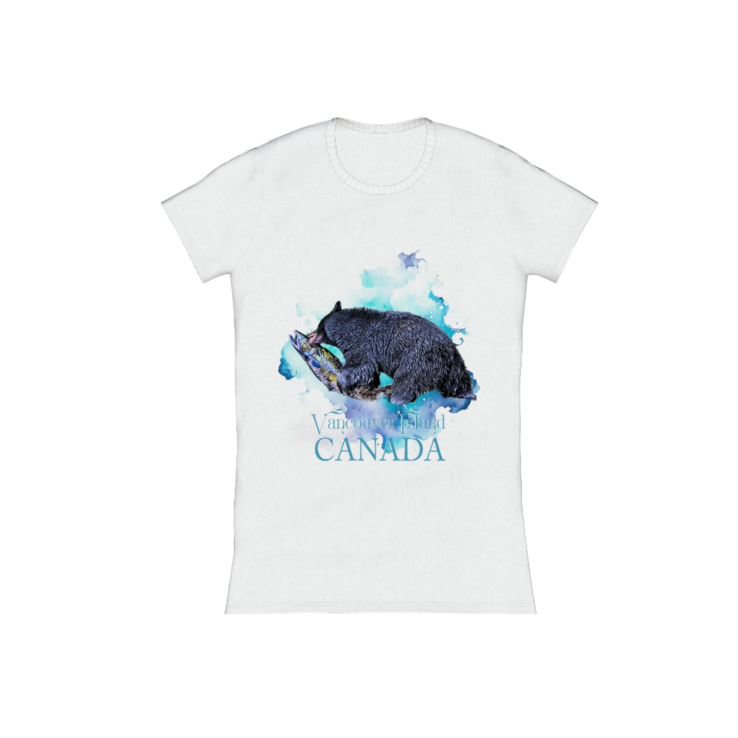 Salmon Bear Vancouver Island Canada Comfort Slim Fit T-shirt  The image is of a bear with a fresh caught salmon in its mouth with a ocean blue abstract background.
