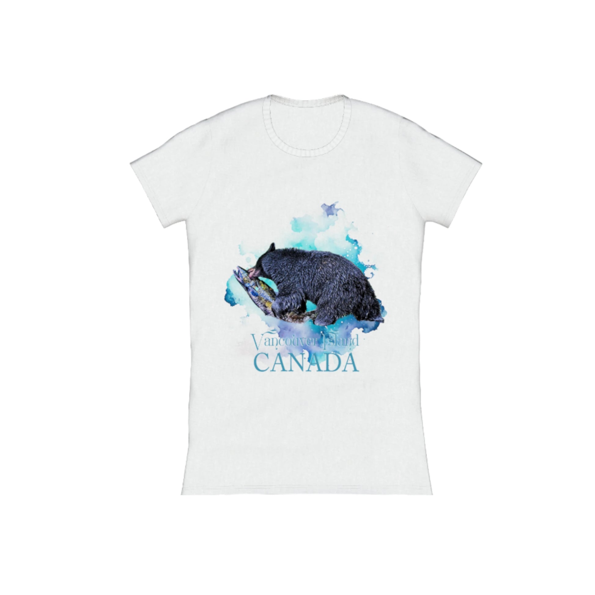 Salmon Bear Vancouver Island Canada Comfort Slim Fit T-shirt  The image is of a bear with a fresh caught salmon in its mouth with a ocean blue abstract background.