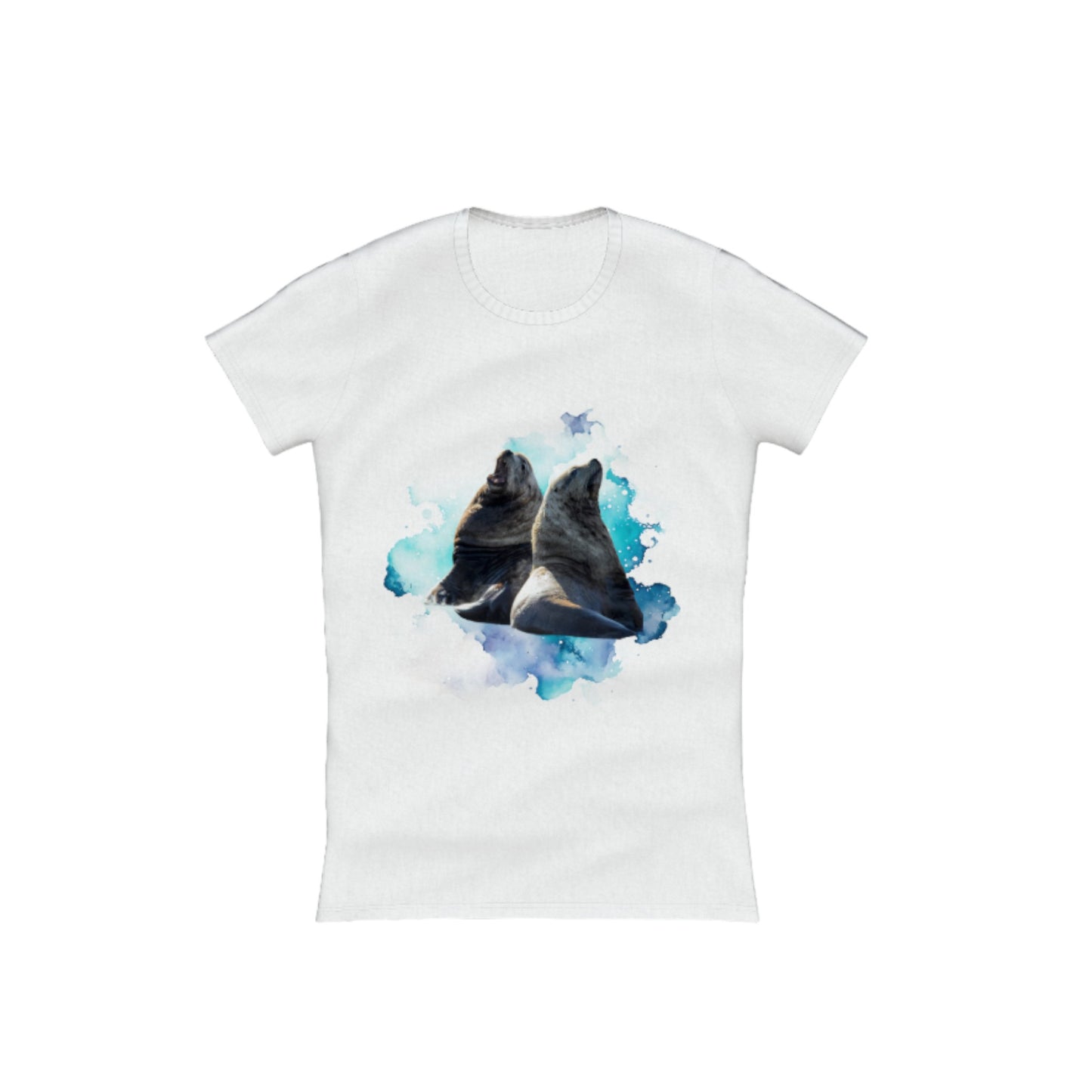 Sea Lions Communication Comfort Slim Fit T-shirt. The image is of two sea lions with a ocean blue abstract background.