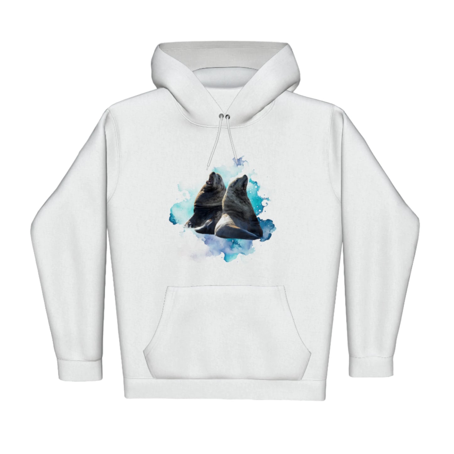 Sea Lions Premium Pullover Hoodie. The image is of two sea lions with a blue abstract background.