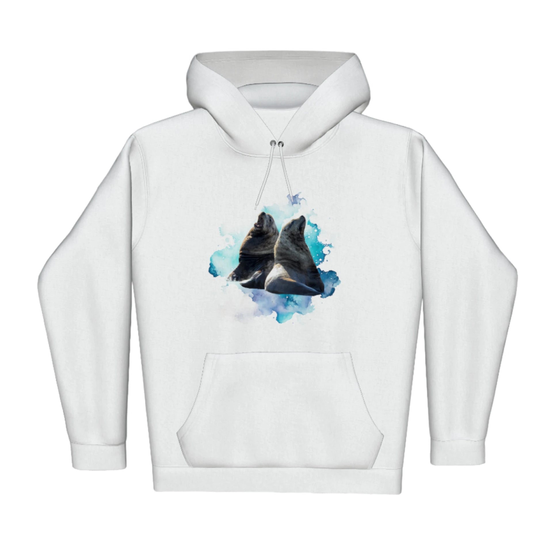 Sea Lions Premium Pullover Hoodie. The image is of two sea lions with a blue abstract background.