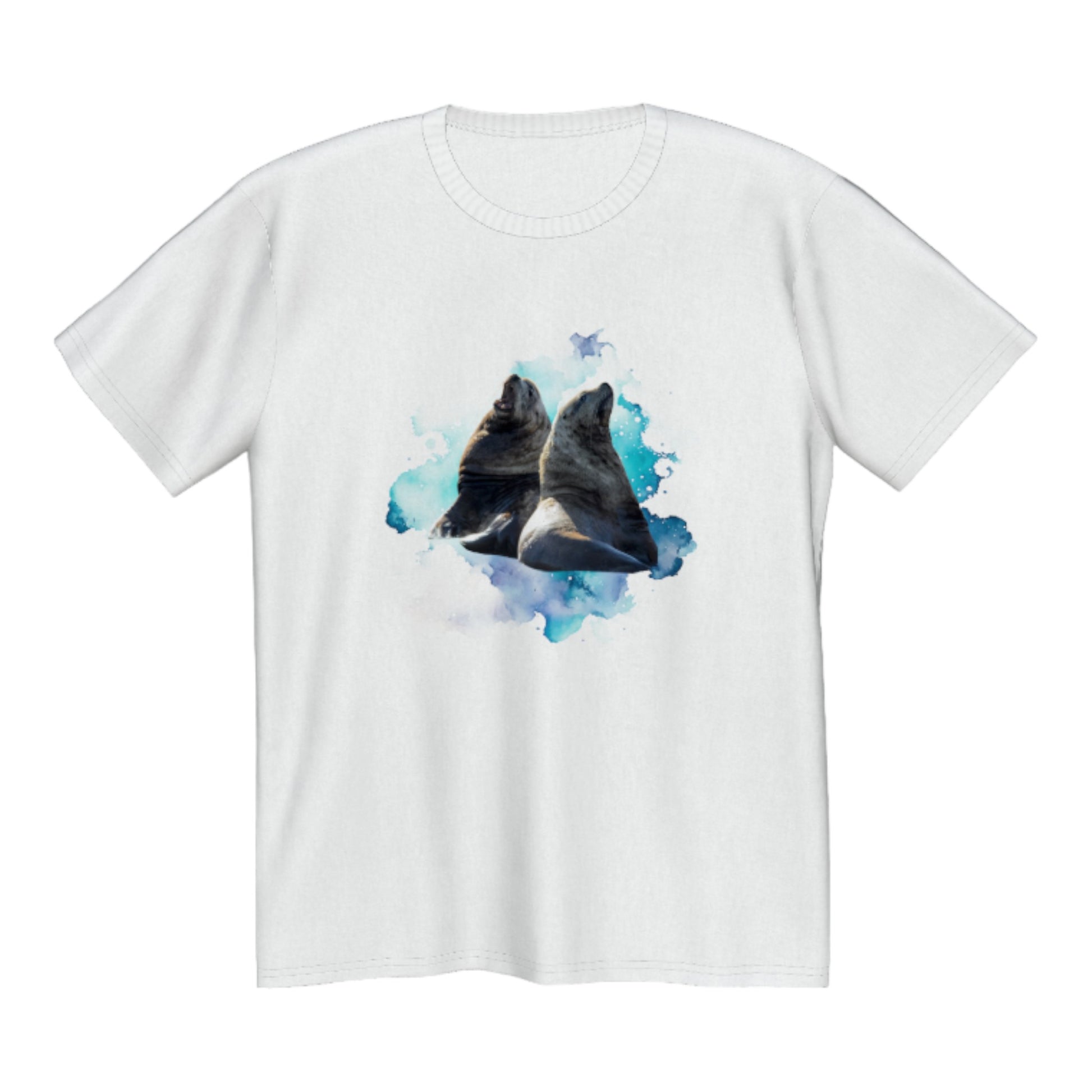 Sea Lions Premium Unisex Tshirt featuring two sea lions on the front.  A colourful blue and green ocean abstract is in the background. by van isle goddess dot com