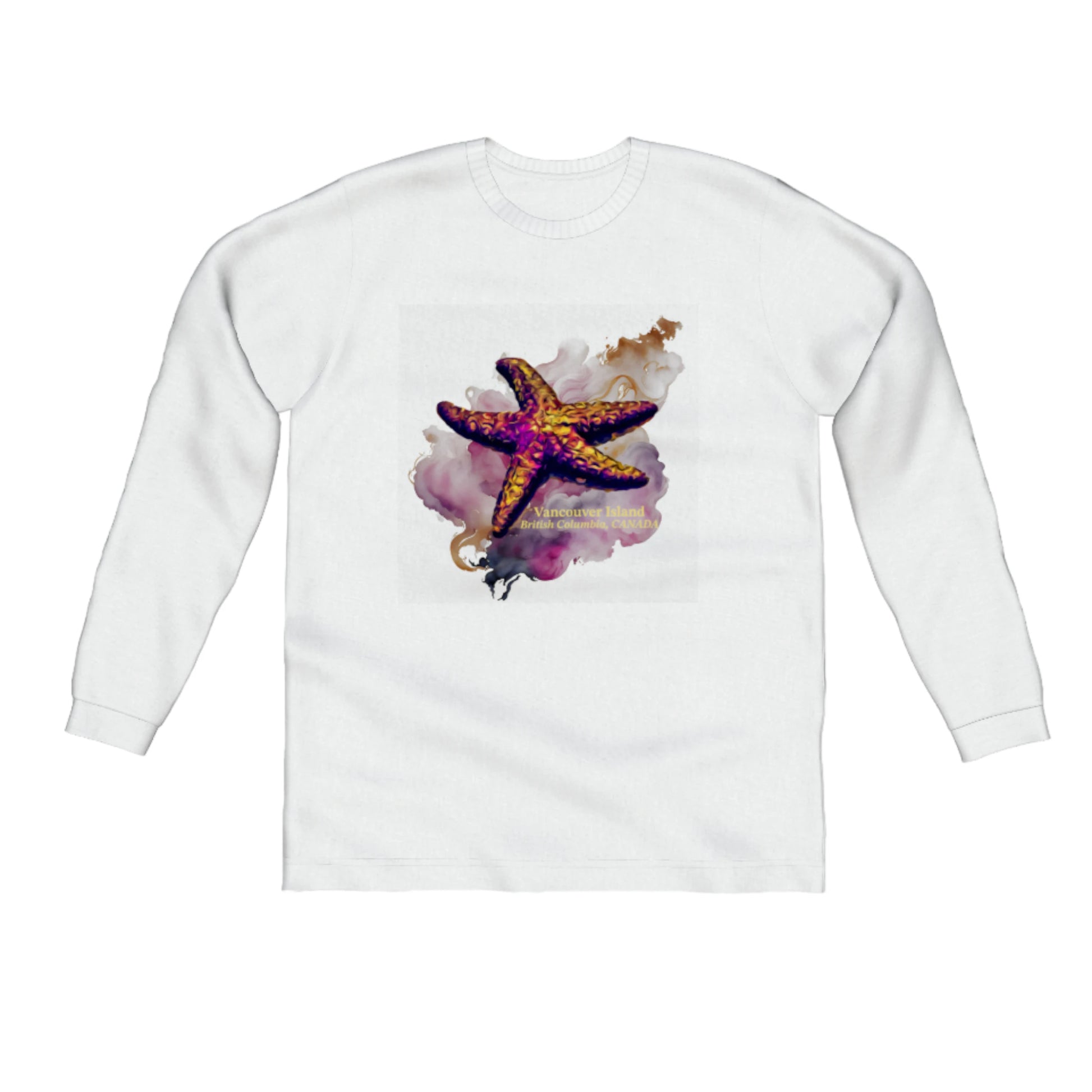 Star Track Vancouver Island BC Canada Comfort Long Sleeve Unisex T-Shirt. The image on the front of the shirt is a starfish on a colourful abstract background. by van isle goddess dot com