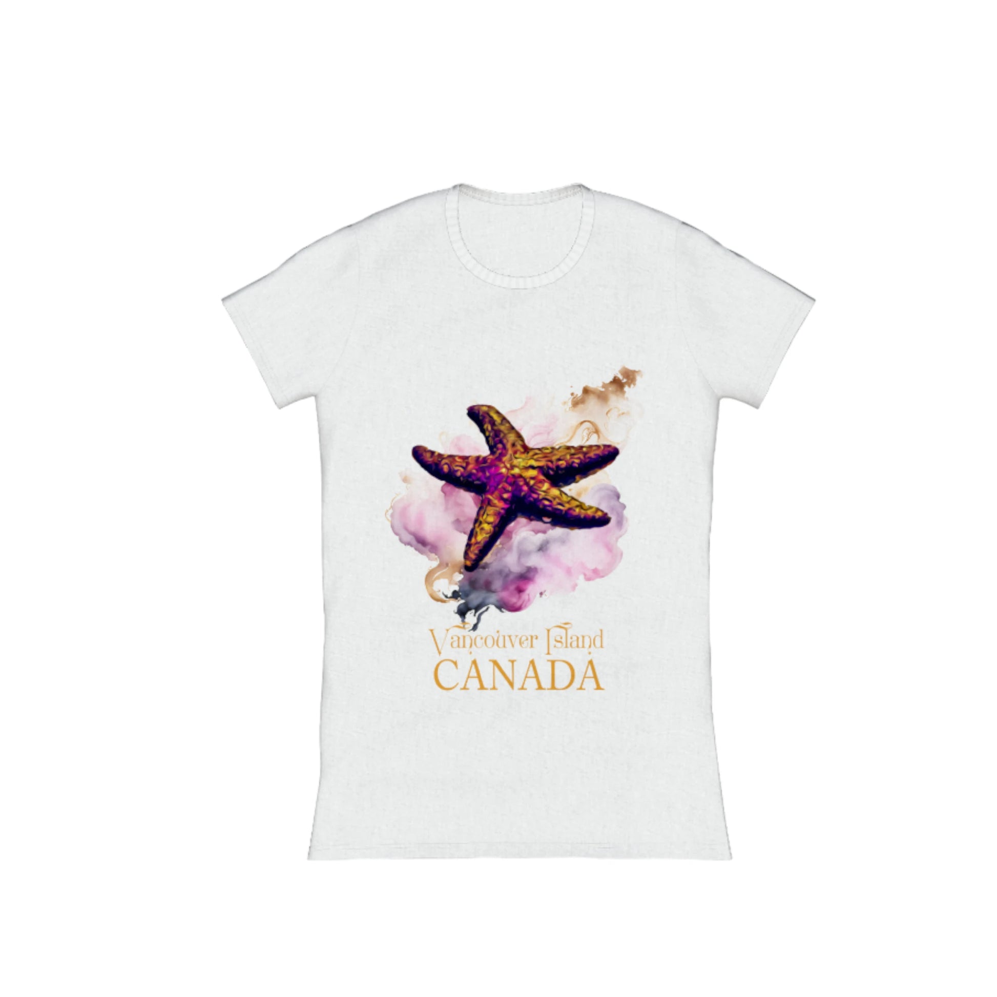 Star Track Vancouver Island Canada Comfort Slim Fit T-shirt. the image on the front of t he shirt is a starfish with a colourful abstract background. the words on the shirt read Vancouver Island Canada