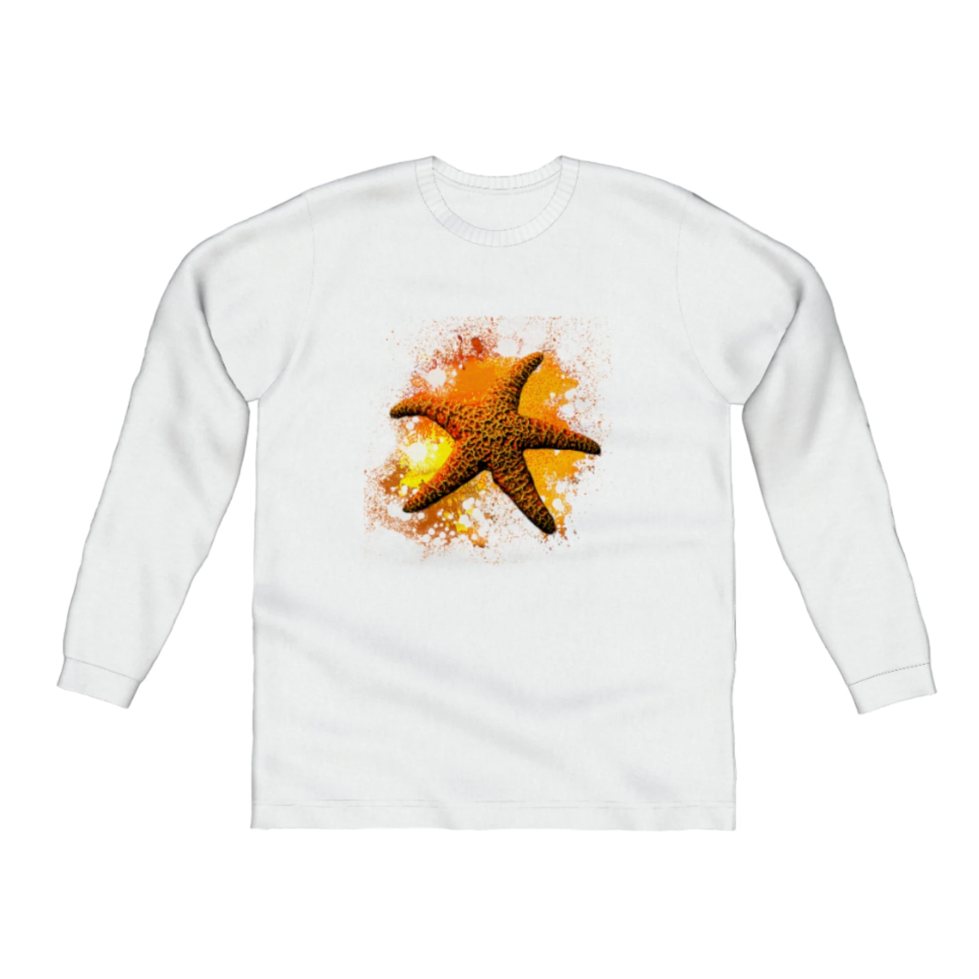 Starfish Orange Comfort Long Sleeve Unisex T-Shirt. The image on the front is of a orange starfish with a colourful abstract of orange, yellow, and red. by van isle goddess dot com