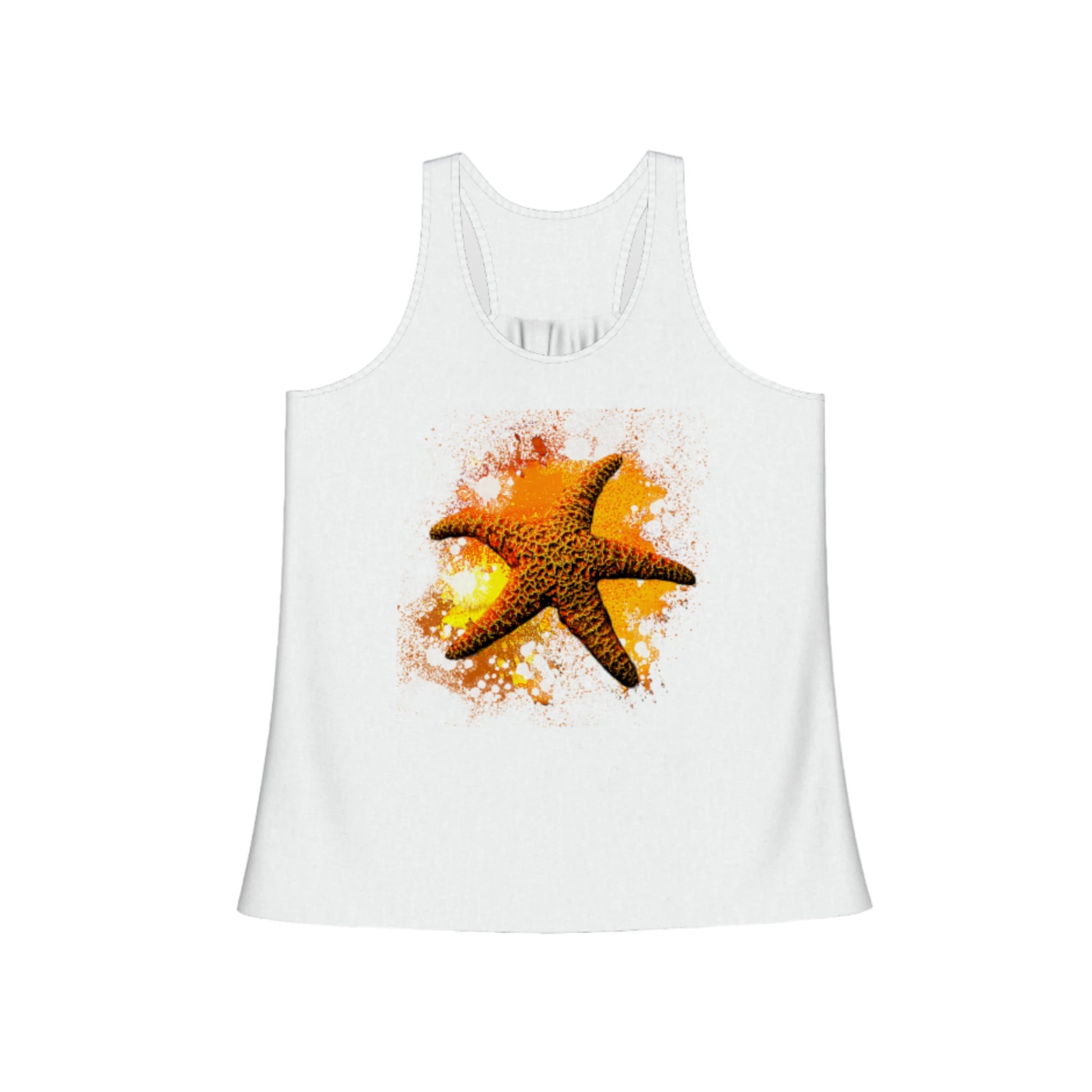 Starfish Orange Flow racerback tank top .  The image on the front of the top is a orange starfish with a orange,red & yellow abstract background. By van isle goddess dot com