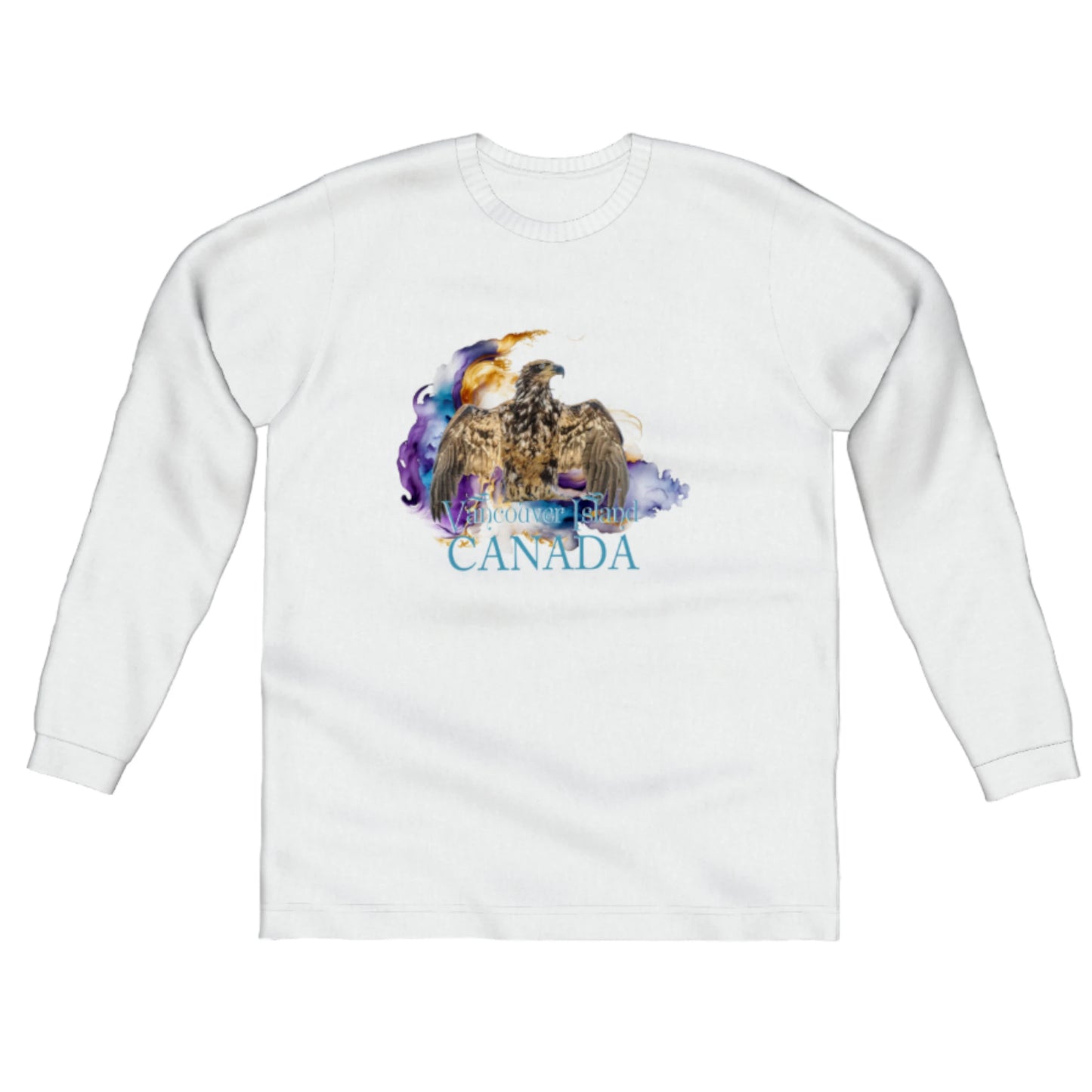 Thunderbird Vancouver Island Canada Comfort Long Sleeve Unisex T-shirt. the image on the front of the shirt is of an eagle in the thunderbird position.  A colorful abstract is behind the eagle. by van isle goddess dot com