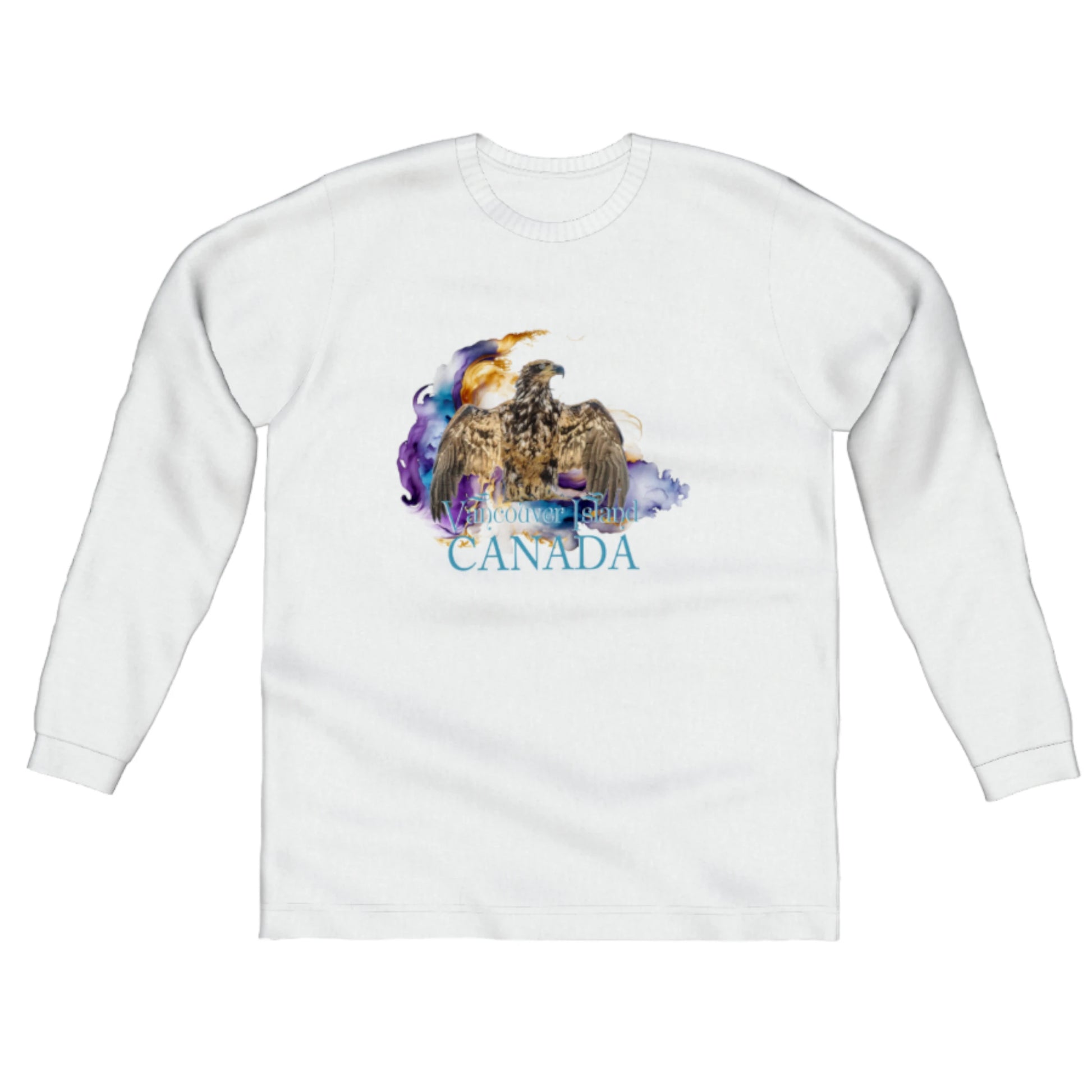 Thunderbird Vancouver Island Canada Comfort Long Sleeve Unisex T-shirt. the image on the front of the shirt is of an eagle in the thunderbird position.  A colorful abstract is behind the eagle. by van isle goddess dot com