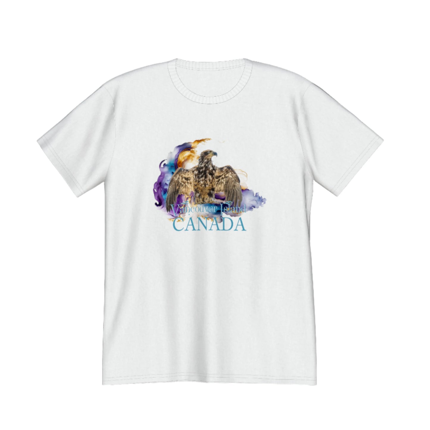 Thunderbird Vancouver Island Canada Premium Unisex T-shirt. The image is of a eagle in the thunderbird position with a colourful abstract background.  The word below the image read Vancouver island, Canada. by van isle goddess dot com