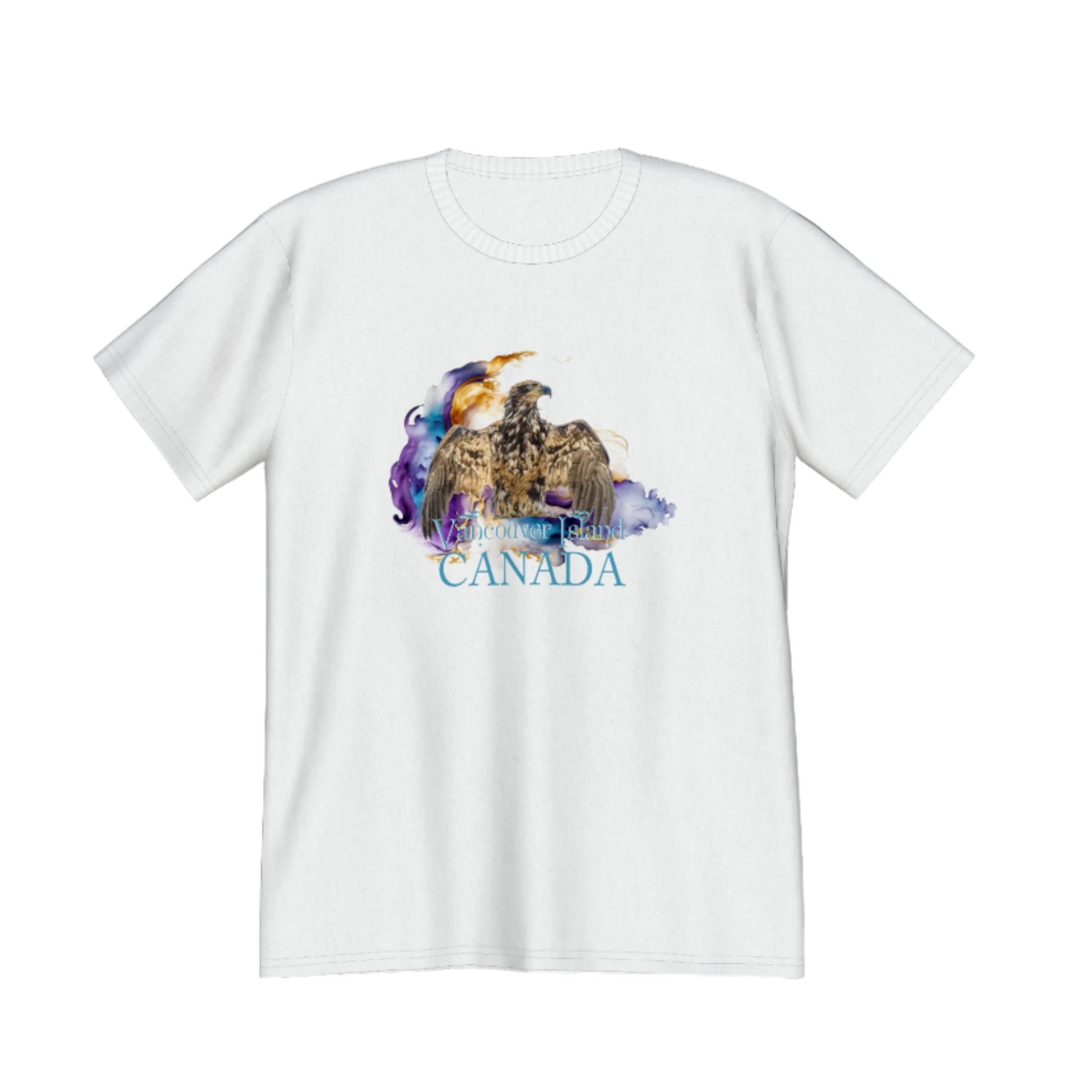Thunderbird Vancouver Island Canada Premium Unisex T-shirt. The image is of a eagle in the thunderbird position with a colourful abstract background.  The word below the image read Vancouver island, Canada. by van isle goddess dot com