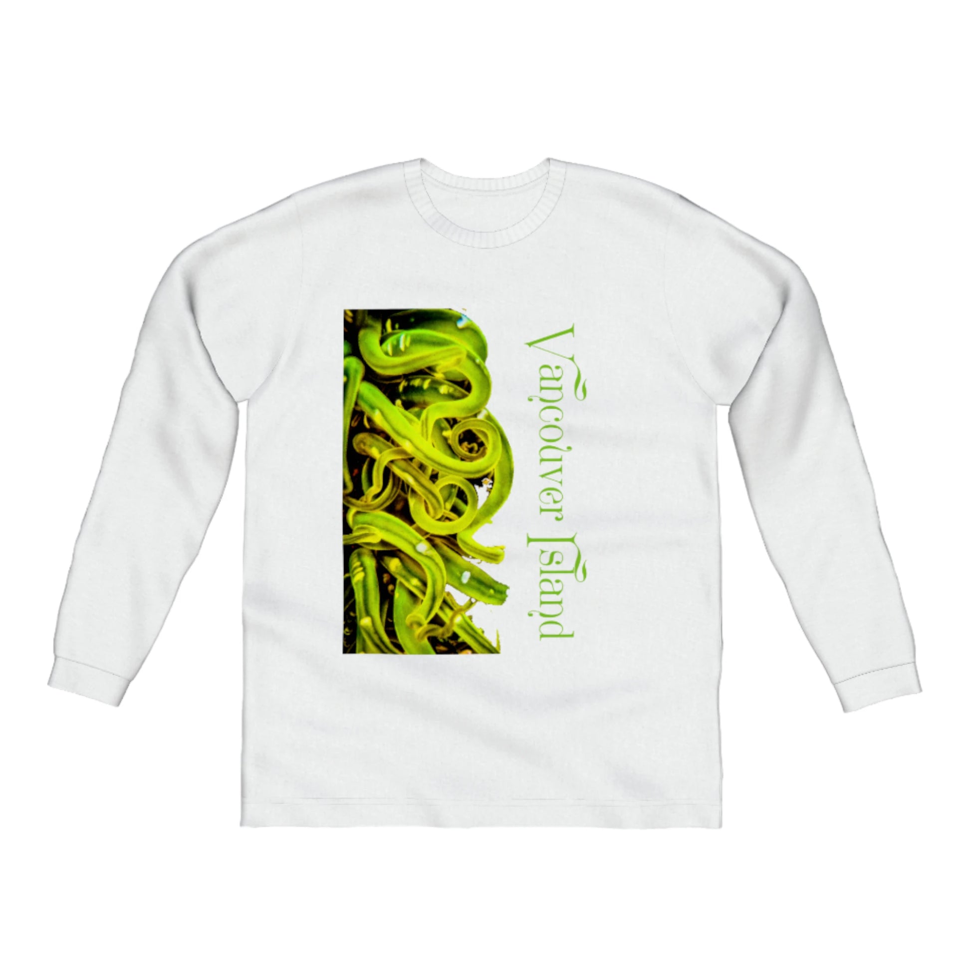 Vancouver Island Sea Anemone Comfort Long Sleeve Unisex T-Shirt. The image is of a green sea anemone with its tentacles swaying in the ocean water at low tide.  The words on the t shirt read Vancouver Island. by van isle goddess dot com
