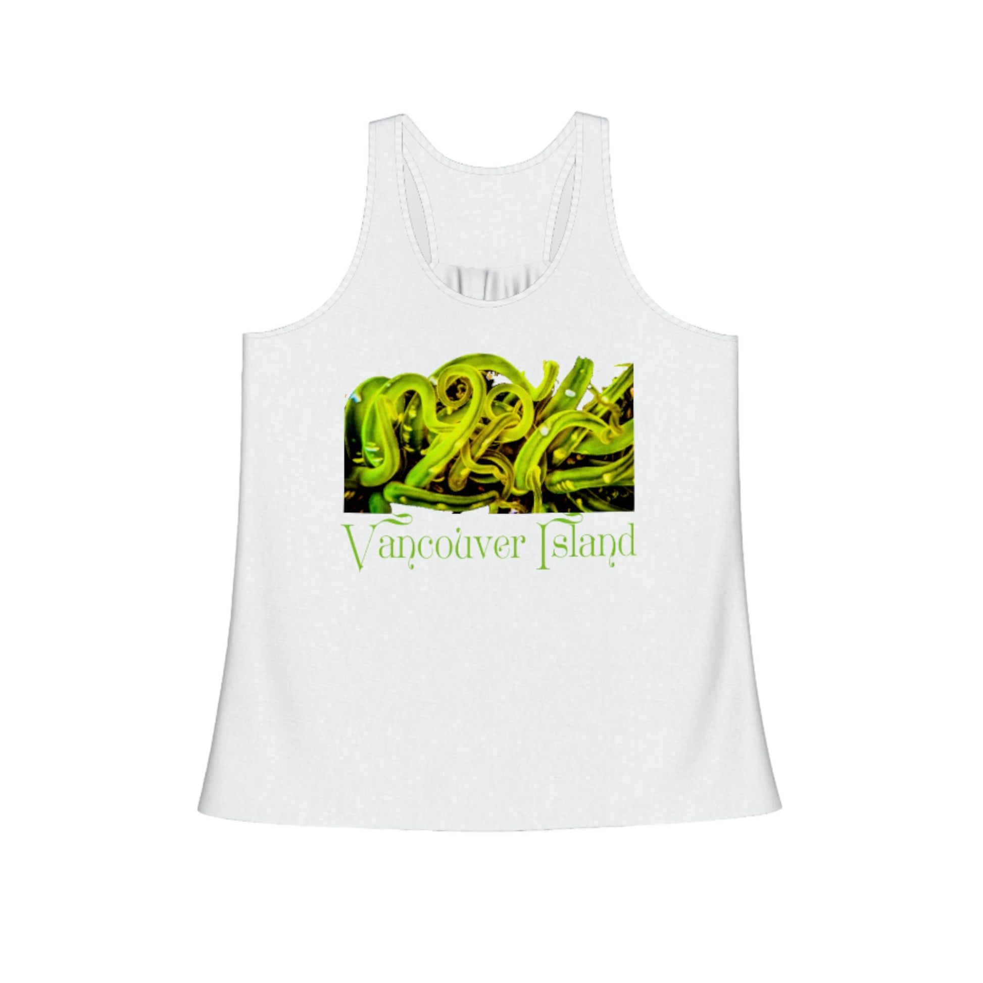 Vancouver island sea anemone flow racerback tank top.  the image on the front of the top is of a green sea anemone underwater with its tentacles swaying with the ocean current. By Van isle goddess dot com