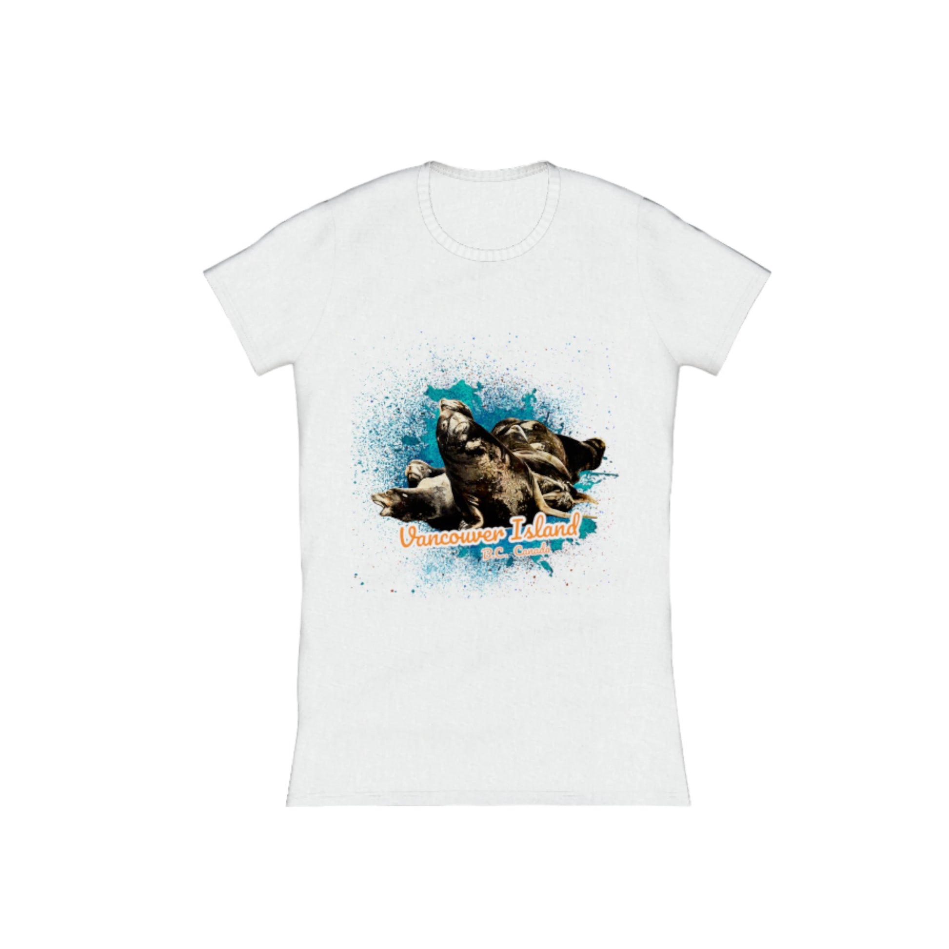 What's Up? Sea Lions Vancouver Island BC Canada Comfort Slim Fit T-shirt. The image is of a group of sea lions on a log raft.  The words read Vancouver Island BC Canada