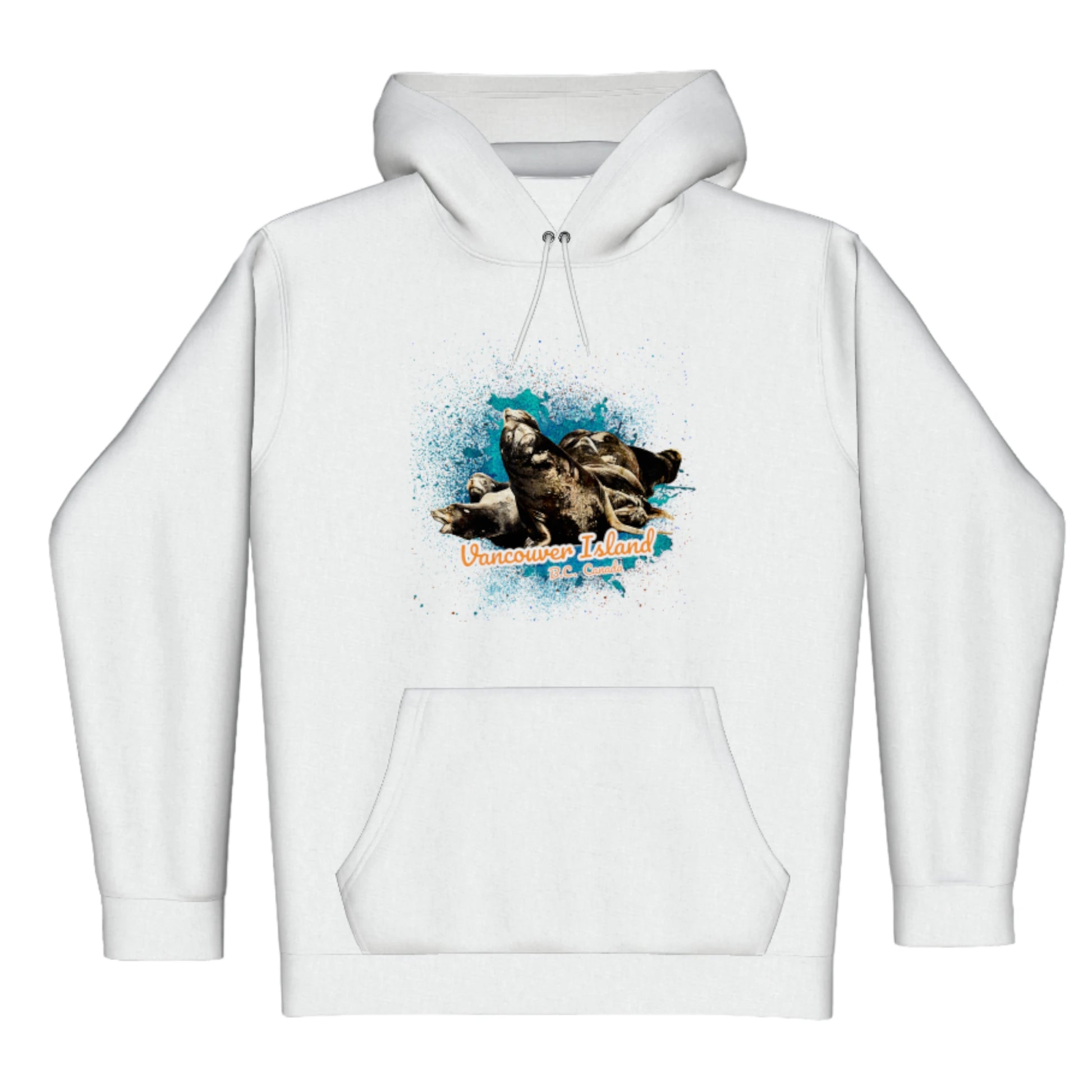 What's Up Sea Lions Vancouver Island BC Canada Premium Pullover Hoodie. The image is of a  group of sea lions on a log raft. The words read Vancouver Island BC Canada.