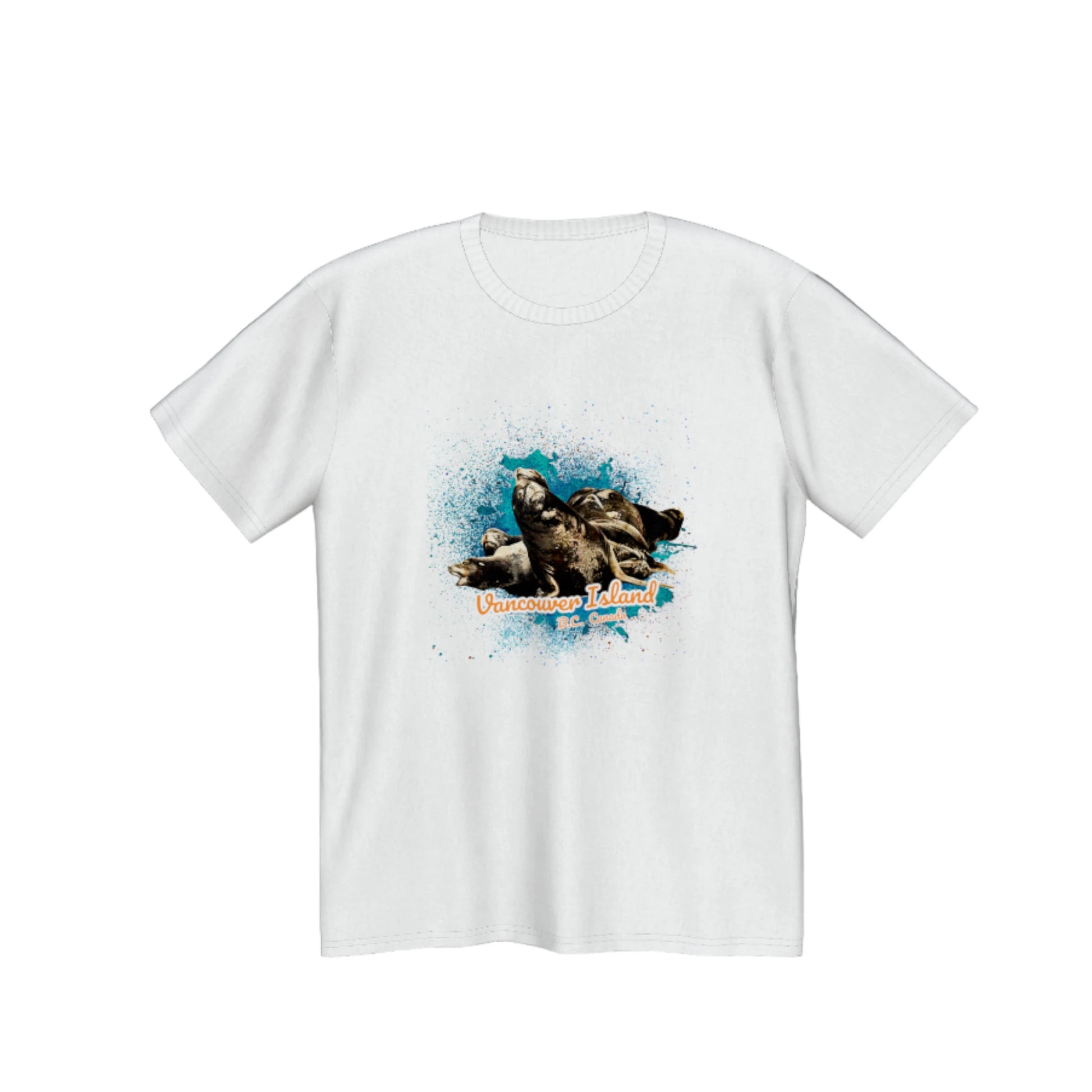 What's Up? Sea Lions Vancouver Island, BC Canada Premium Unisex T-shirt.  The image on the front is of a group of sea lions on a log raft.  by van isle goddess dot com