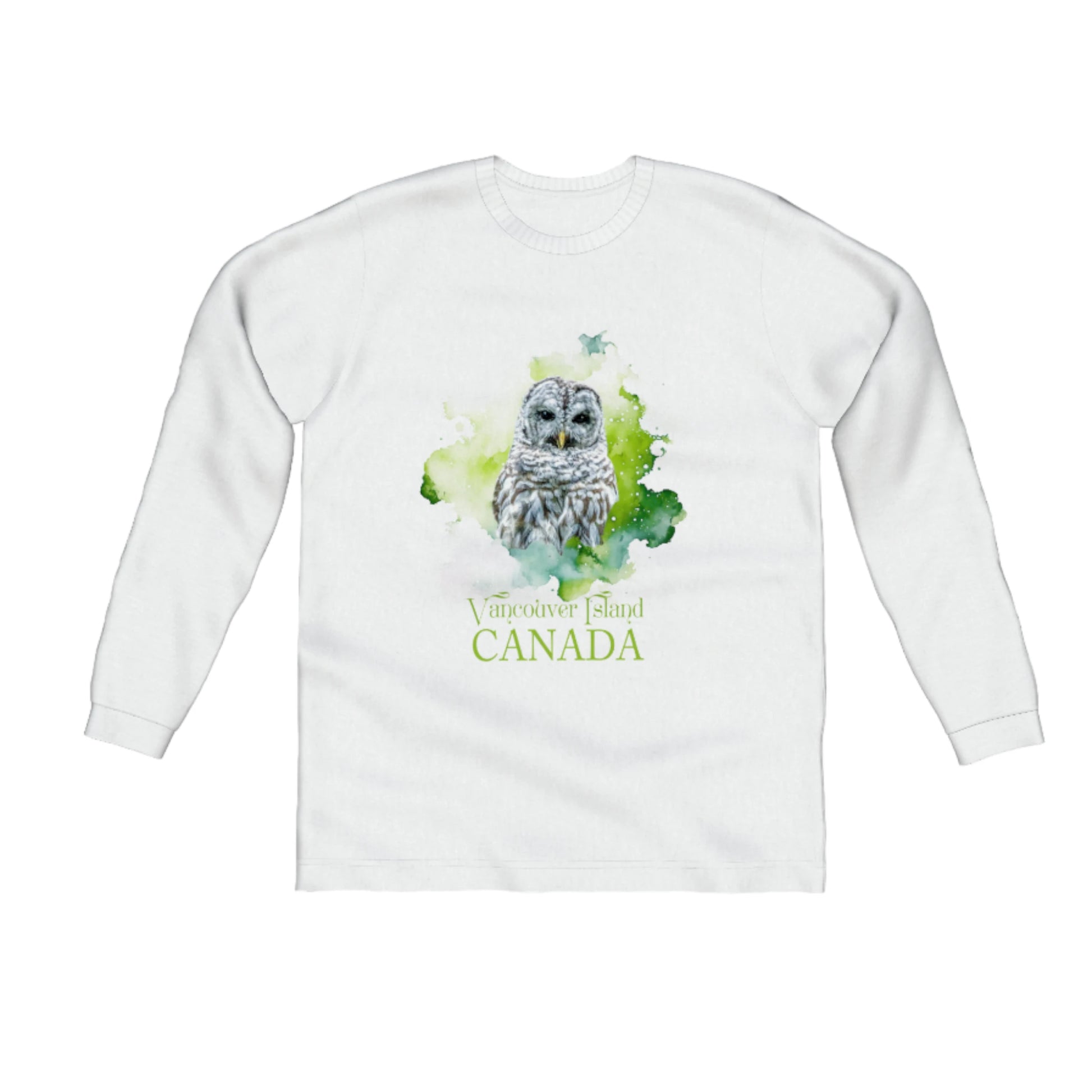 Wise Owl Vancouver Island Canada Comfort Long Sleeve Unisex T-shirt. The image on the front of the shirt is of a barred owl with a green abstract of colours behind it.  the words on the t shirt read Vancouver Island Canada in green.  by van isle goddess dot com
