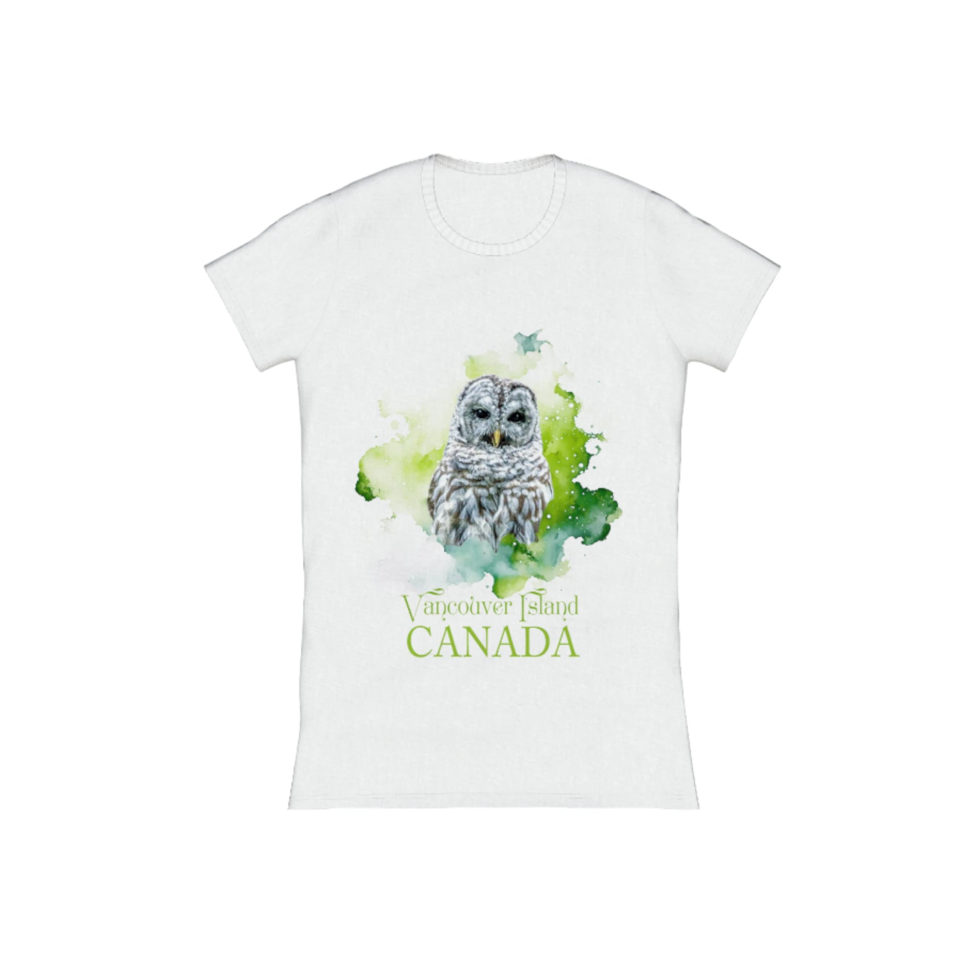 Wise Owl Vancouver Island Canada Comfort Slim Fit T-shirt. the image is of a barred owl with a green abstract background. the words on the front read Vancouver Island Canada