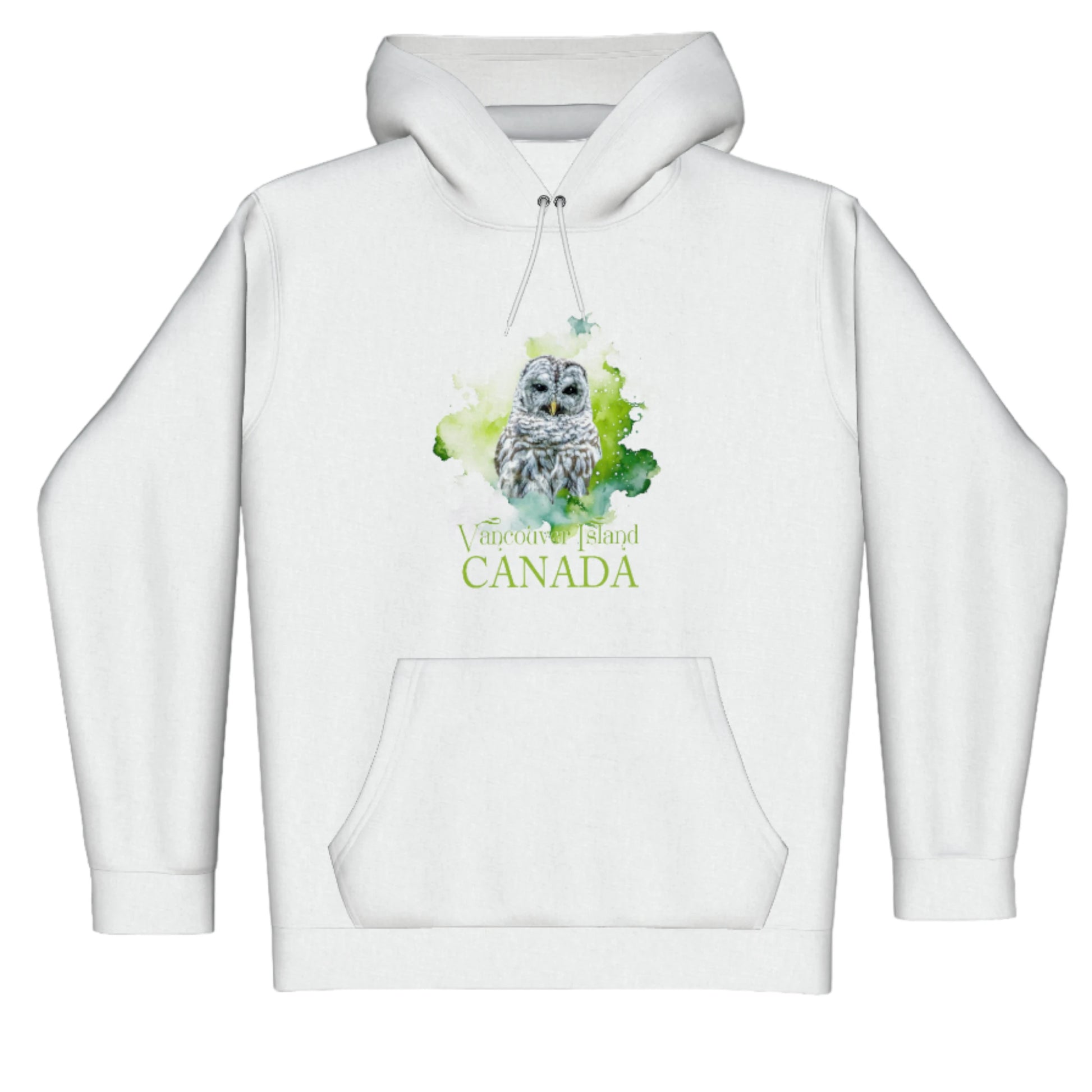 Wise Owl Vancouver Island Canada Premium Pullover Hoodie. The image is of a barred owl with a colourful green abstract background, The words read Vancouver Island Canada.