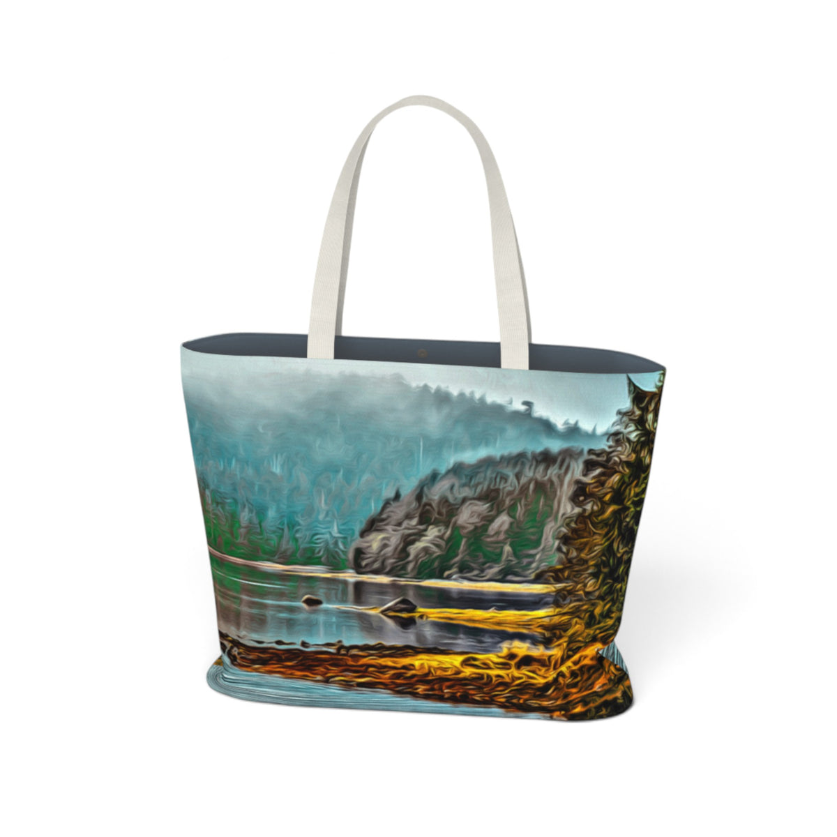 A tote bag featuring a scenic landscape print of a lake, forest, and rocky cliff, with cream-colored shoulder straps, shown on a plain white background.