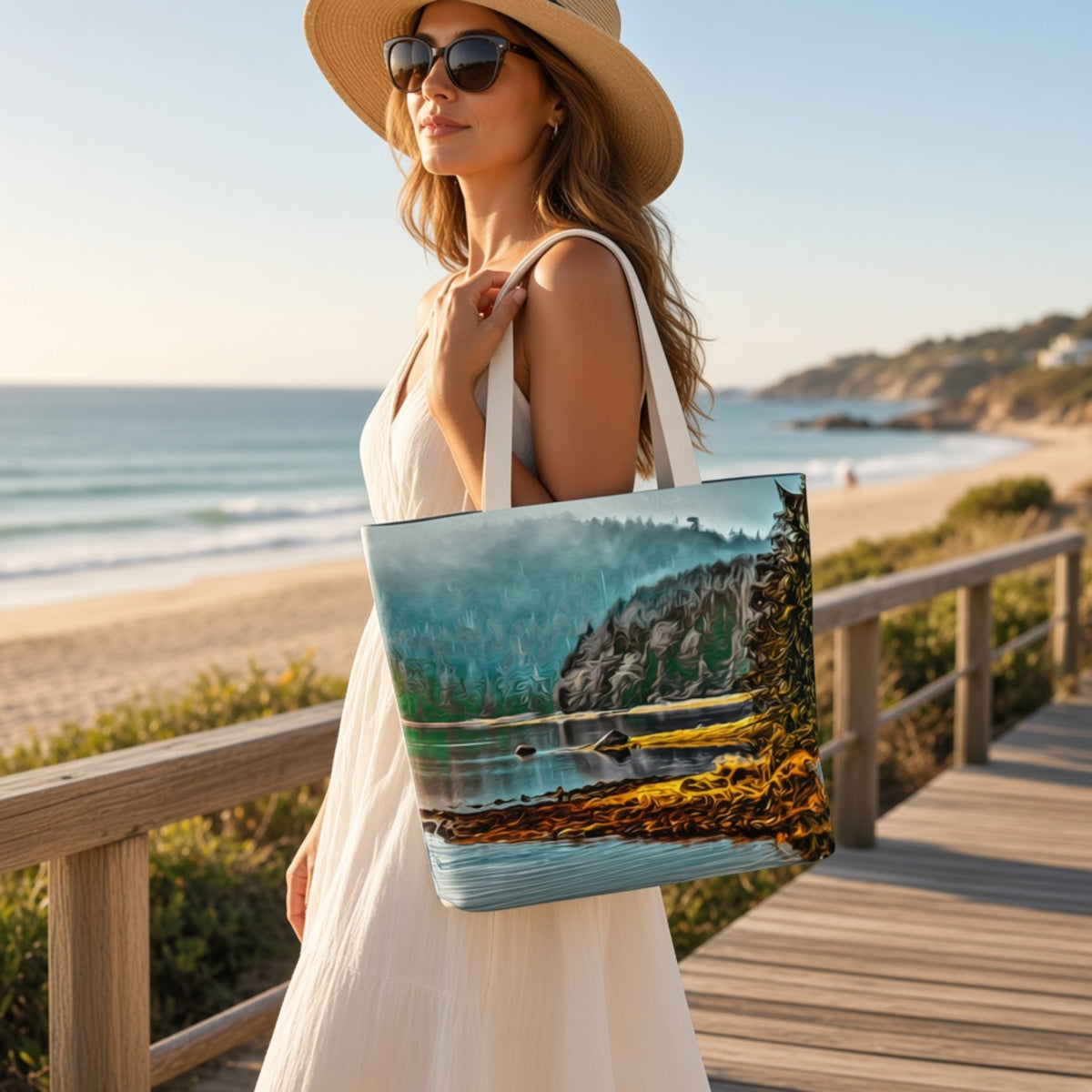 A woman in a white dress and straw hat carries a large tote bag printed with a scenic landscape of a lake, forest, and rocky cliffs, standing on a wooden boardwalk by the beach.