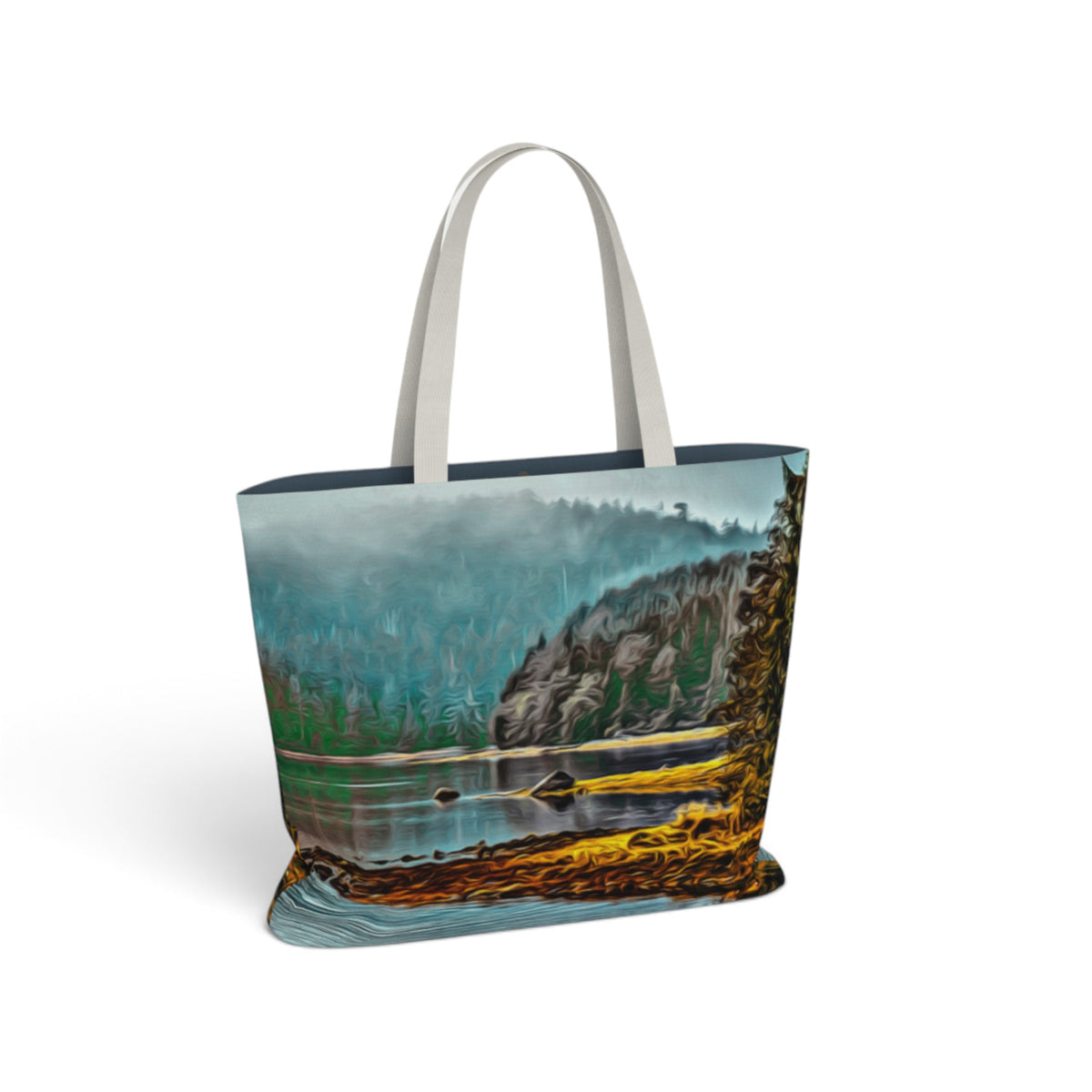 A tote bag featuring a scenic landscape print of a lake, forest, and rocky cliff, with light gray handles, shown on a plain white background.
