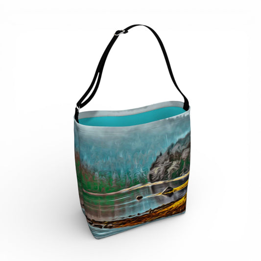 Tote bag with a scenic design of a road and mountains on a white background