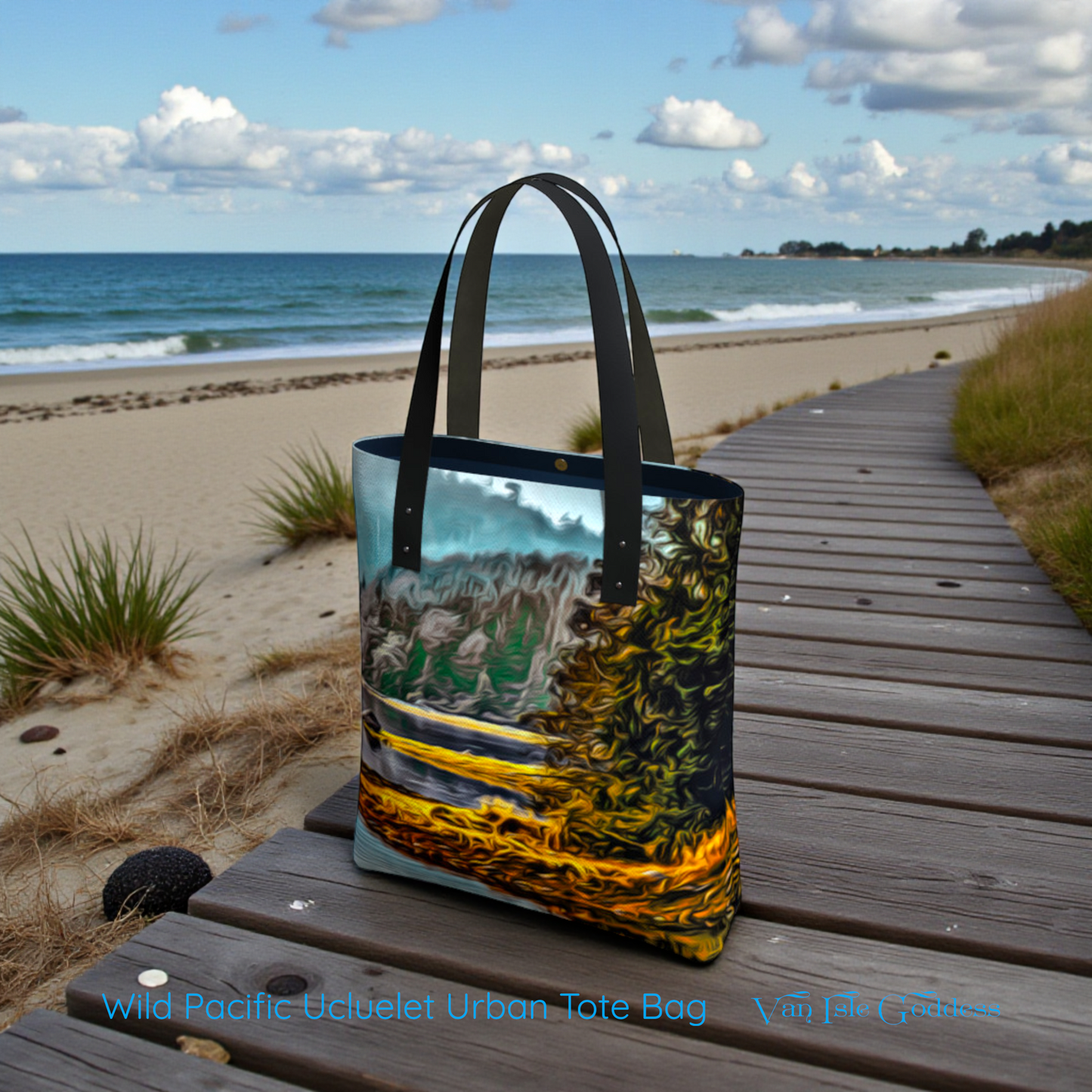 Tote bag with a beach scene design on a wooden bench at the beach.