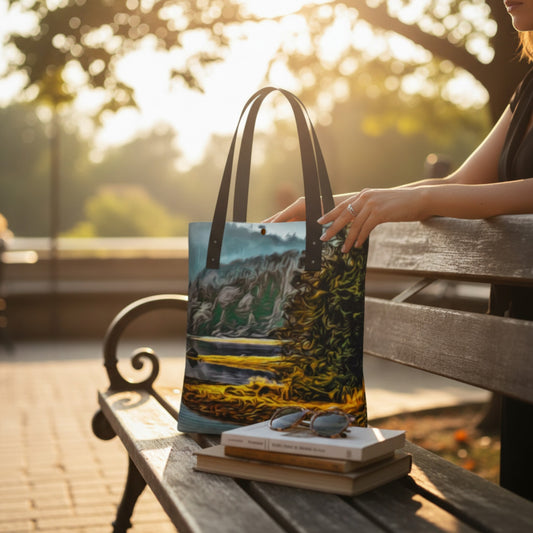 Person holding a tote bag with a scenic design on a park bench.