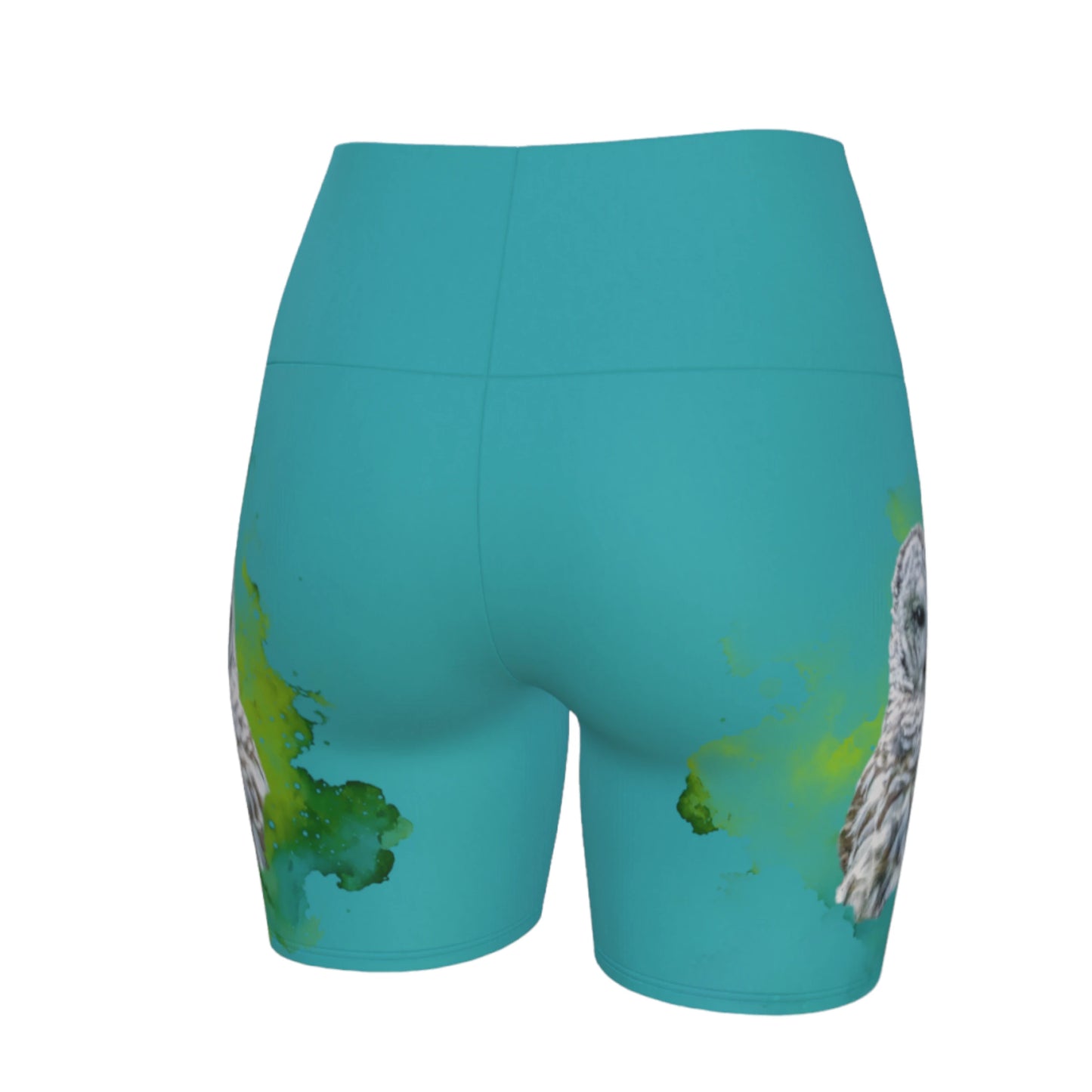 Wise owl yoga shorts features a barred owl printed on the shorts.  The rest of the shorts is turquoise in colour.
