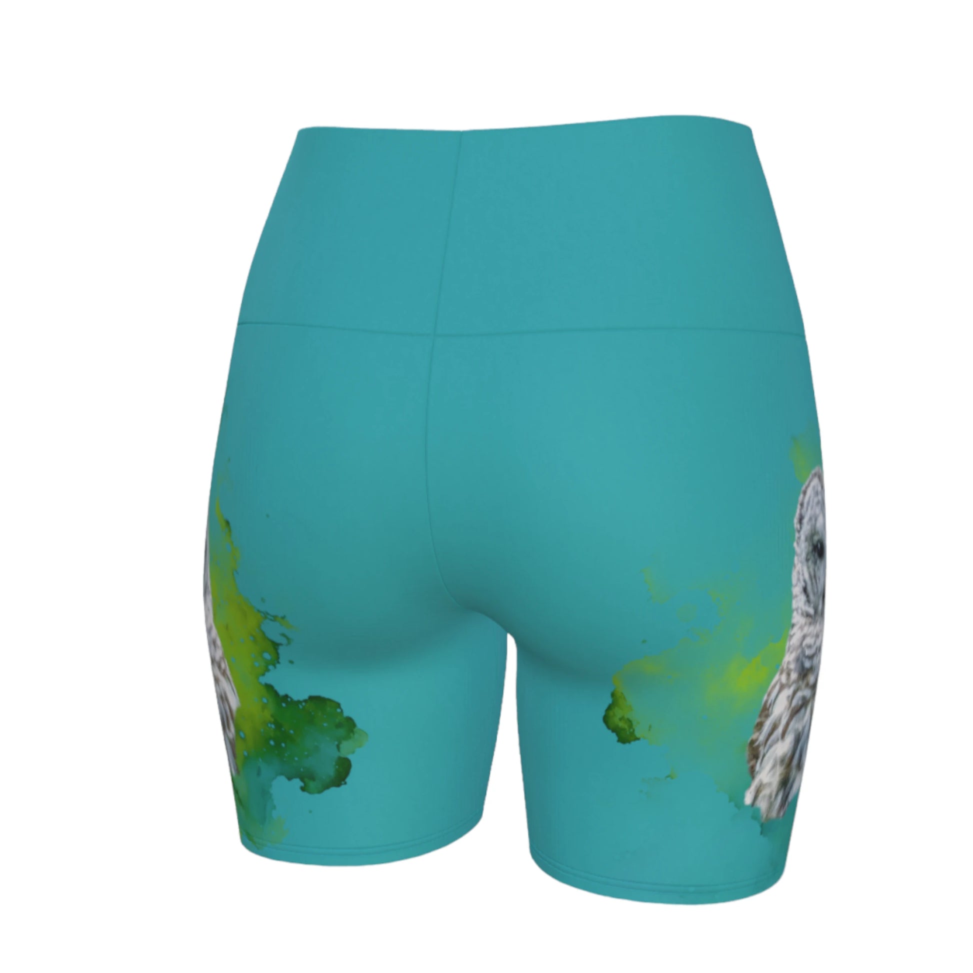 Wise owl yoga shorts features a barred owl printed on the shorts.  The rest of the shorts is turquoise in colour.