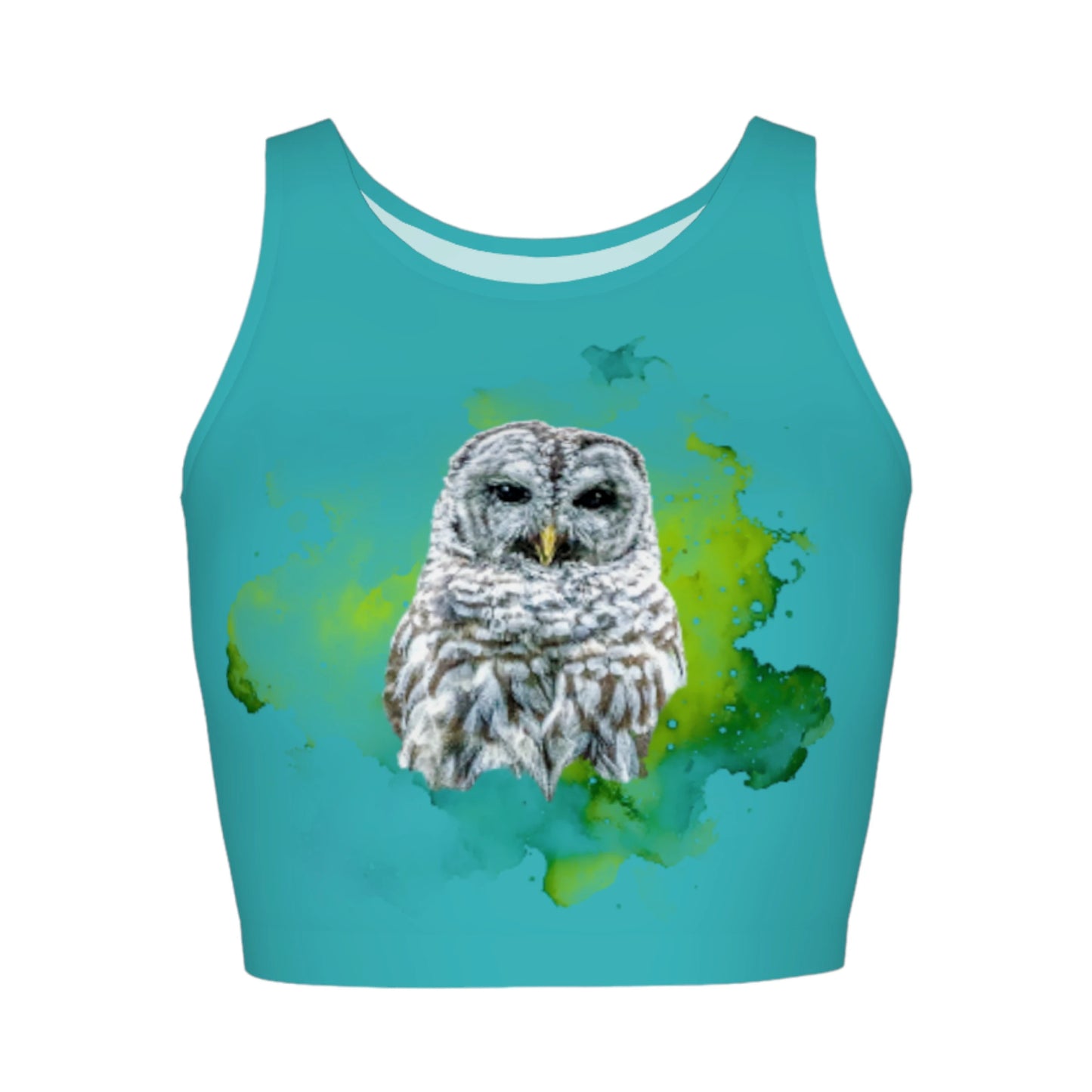 Wise owl active crop top features a barred owl with a green abstract background printed on a turquoise top.