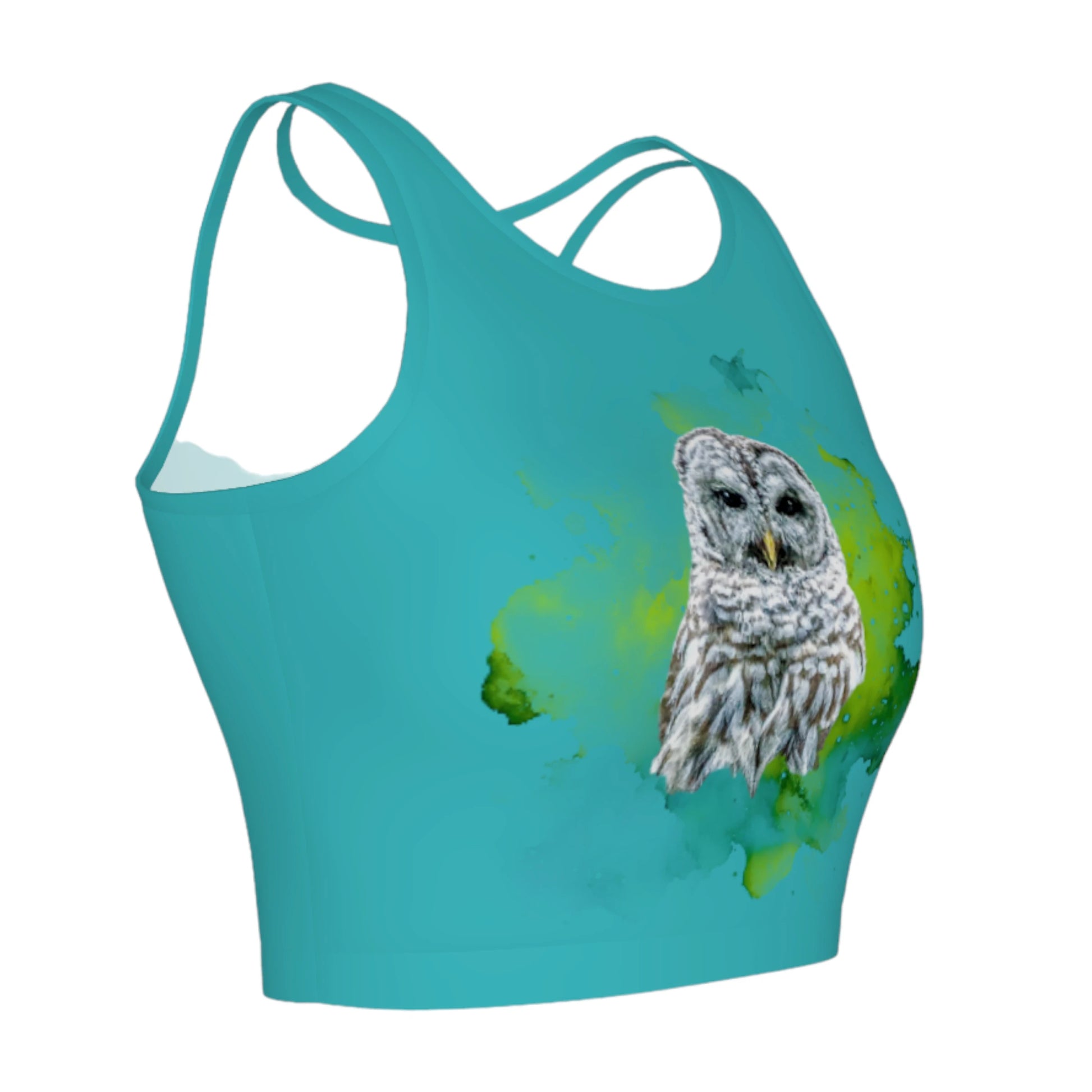 Wise owl active crop top features a barred owl with a green abstract background printed on a turquoise top.