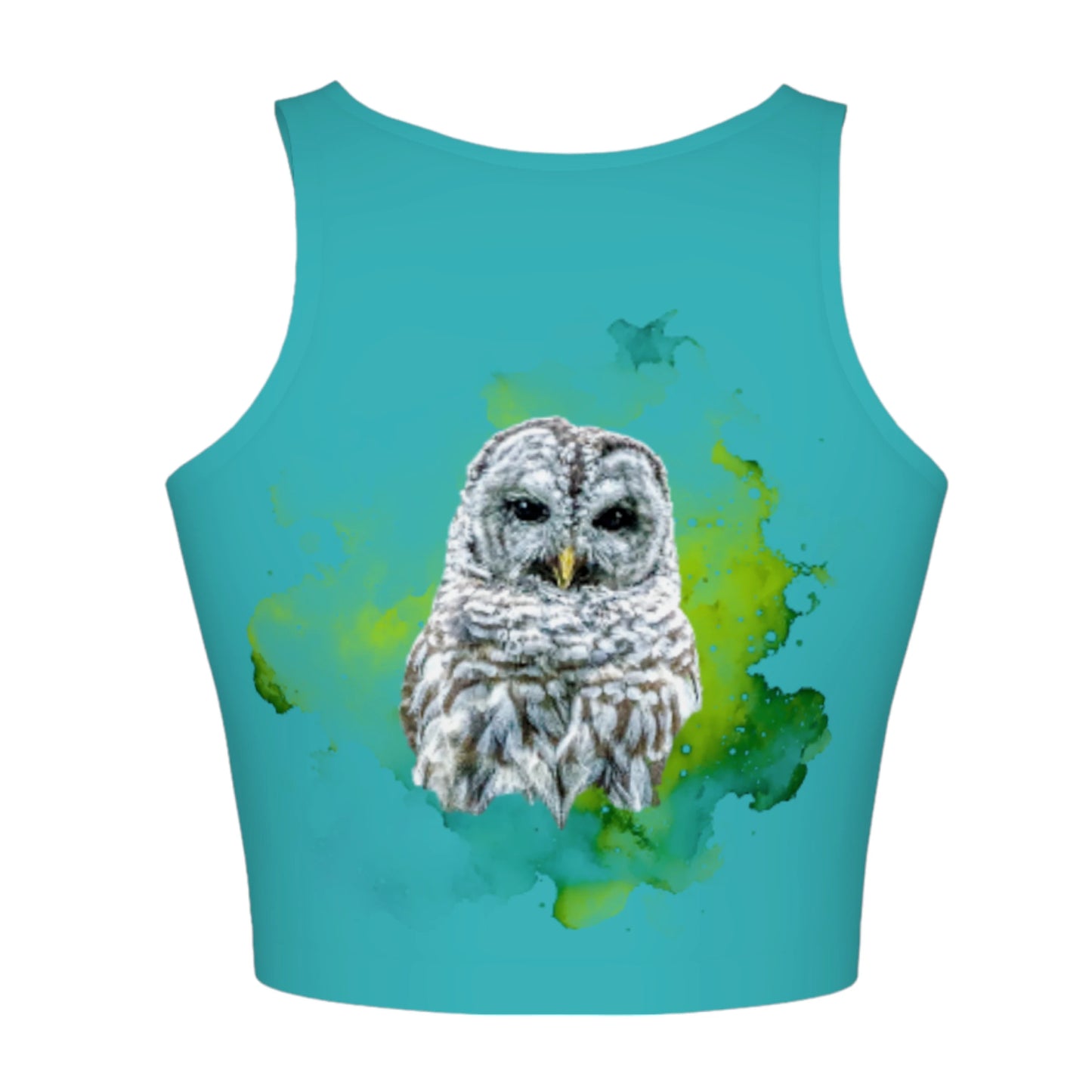 Wise owl active crop top features a barred owl with a green abstract background printed on a turquoise top.