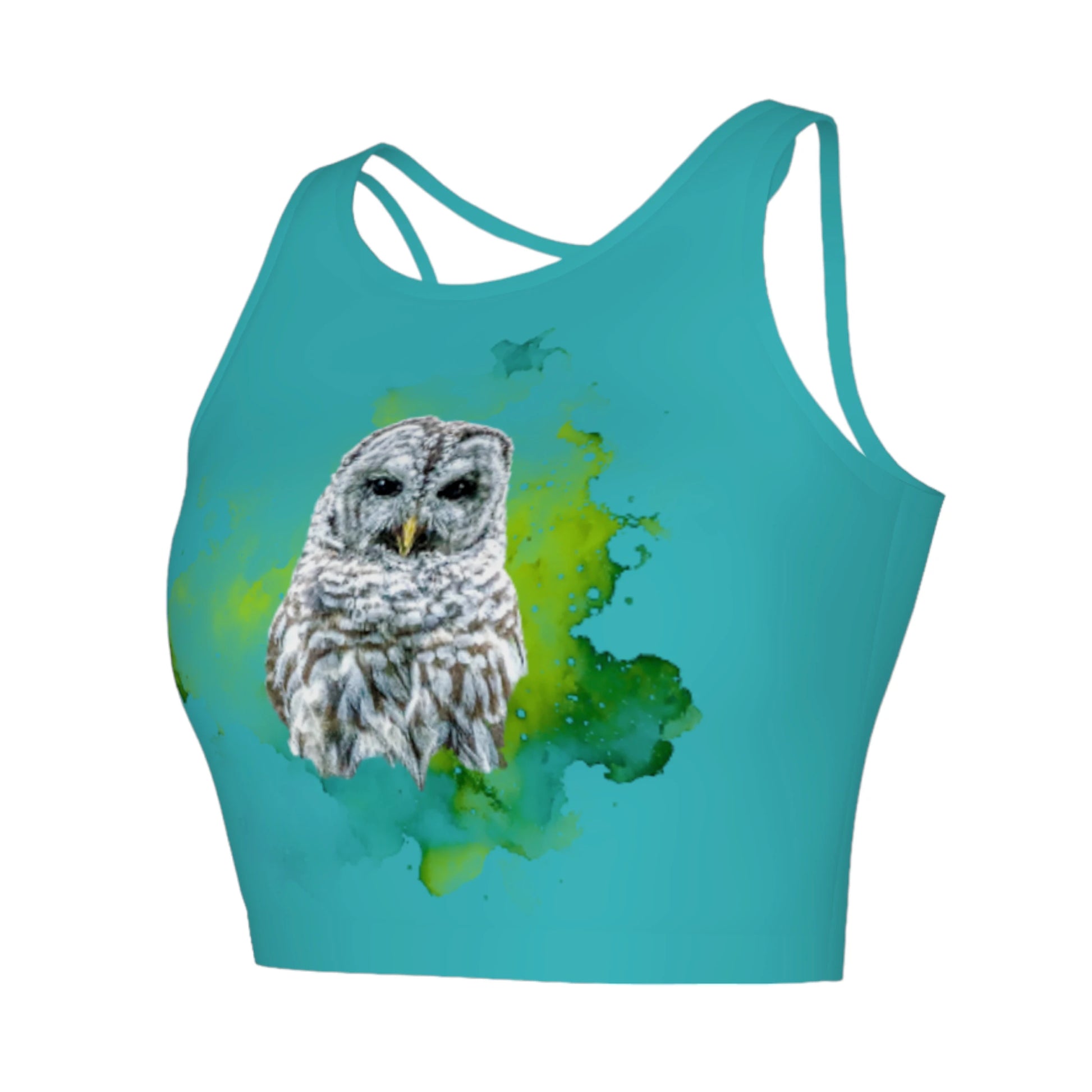 Wise owl active crop top features a barred owl with a green abstract background printed on a turquoise top.
