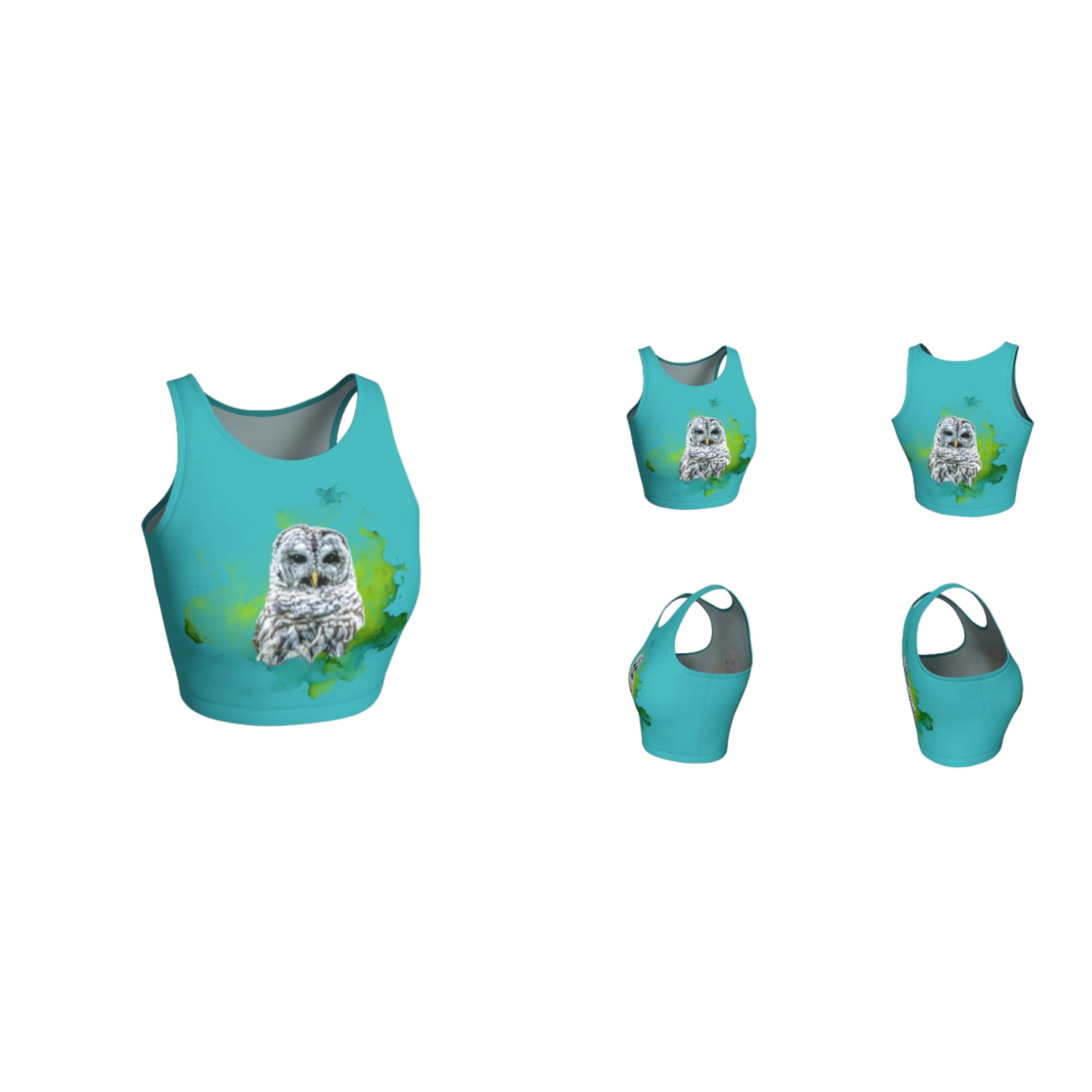 Wise owl active crop top features a barred owl with a green abstract background printed on a turquoise top.