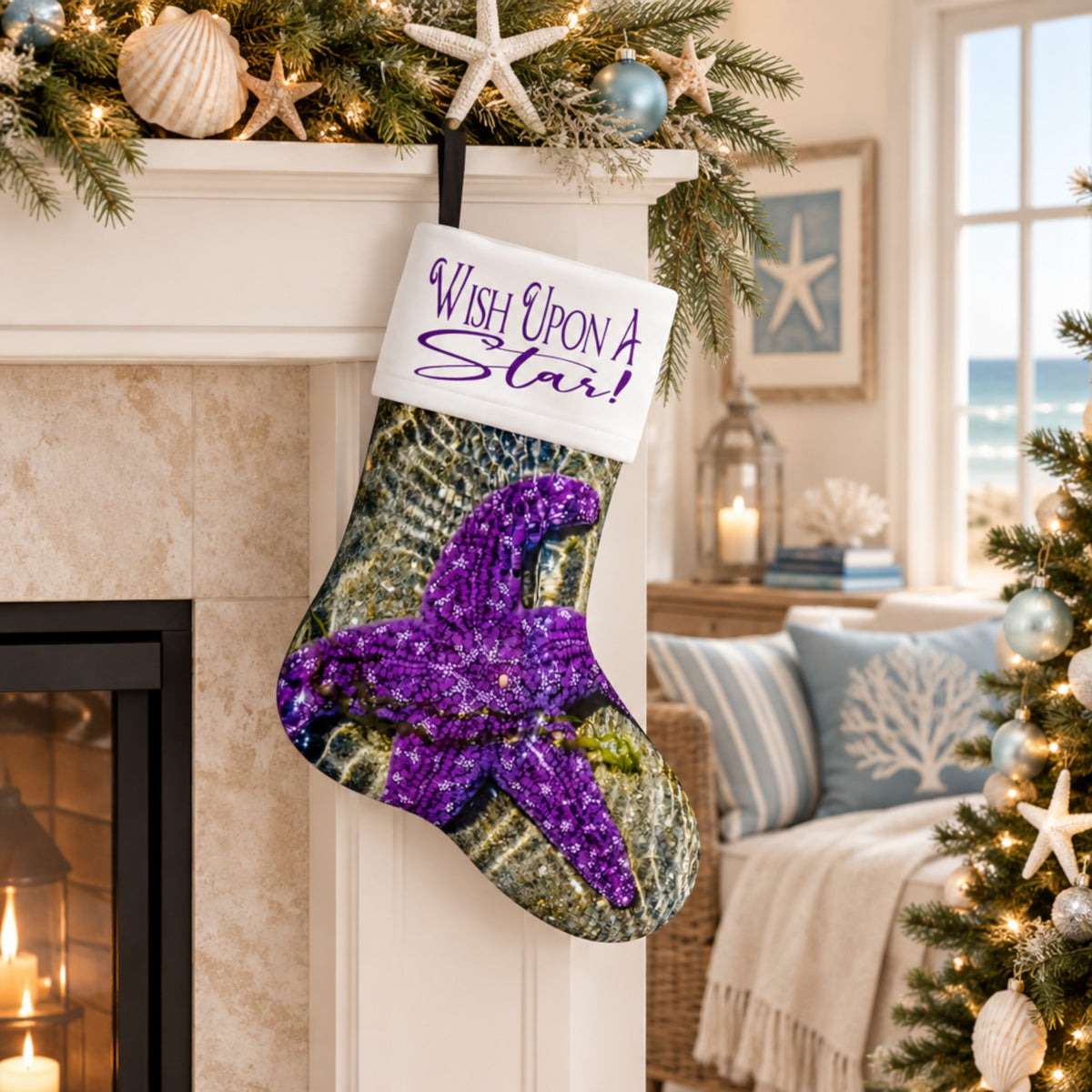 A Christmas stocking hanging on a fireplace mantel in a decorated living room. The stocking has a white cuff with purple text reading 'Wish Upon A Star!' and features a large purple sequined starfish over a green and blue camouflage pattern.