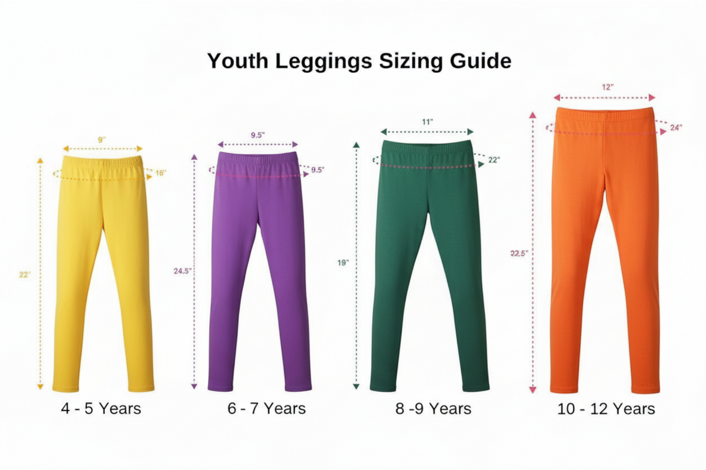Youth leggings sizing guide with color options and measurements on a white background