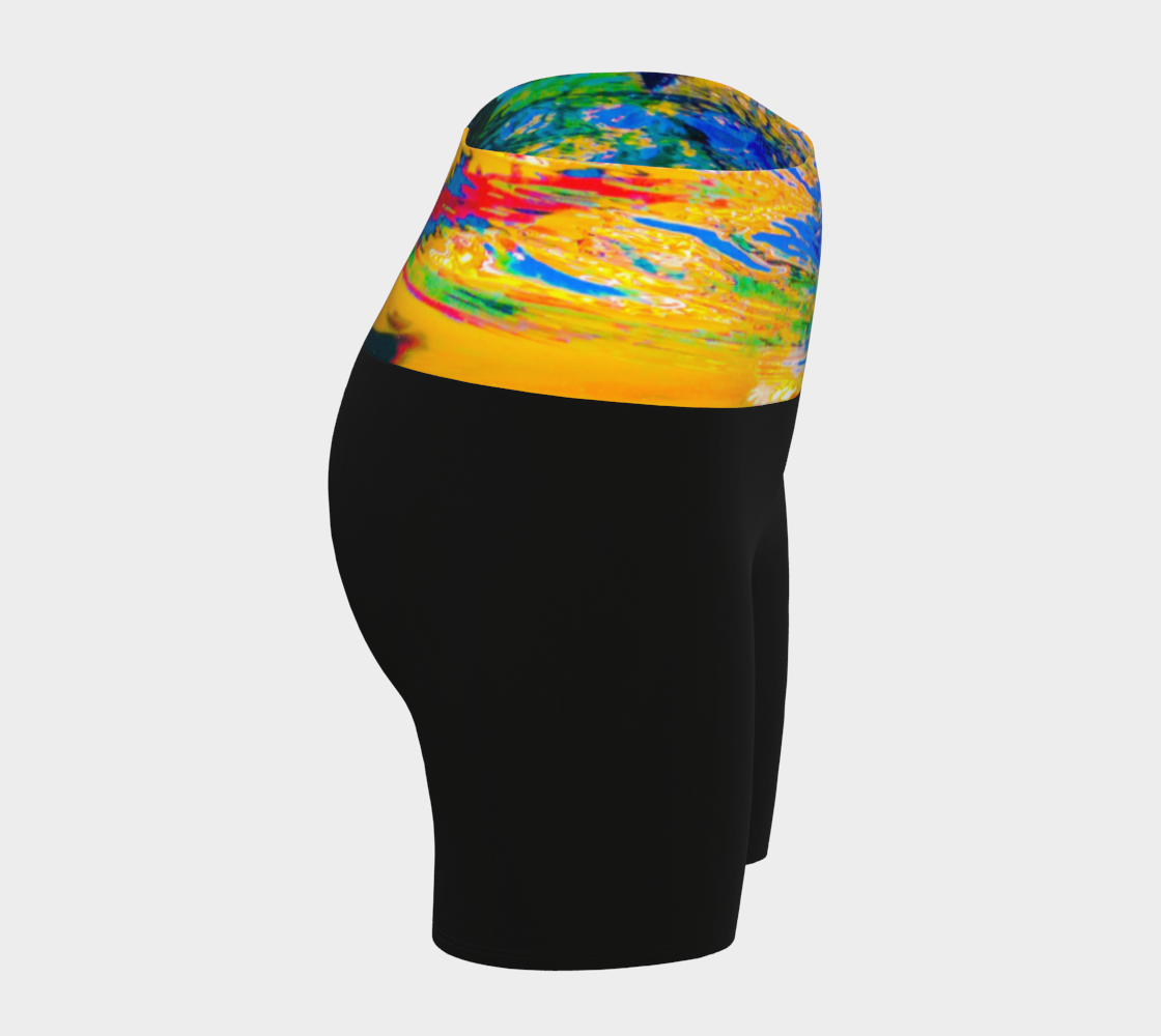 Otter Art Yoga Shorts feature a image of a sea otter printed on the waistband. The rest of the shorts are black.
