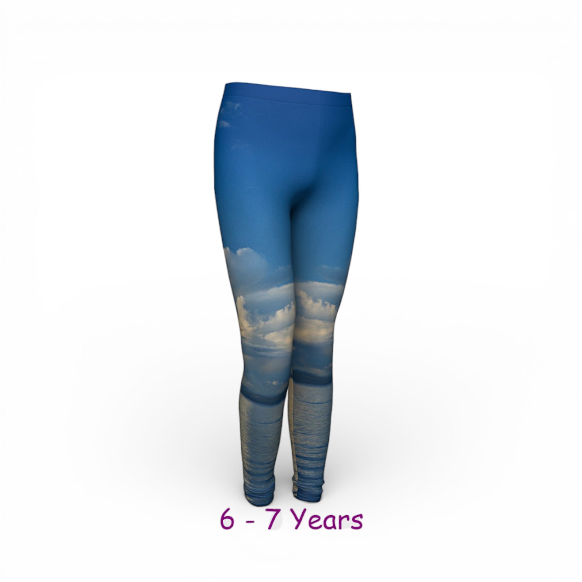 Blue leggings with a sky design on a white background