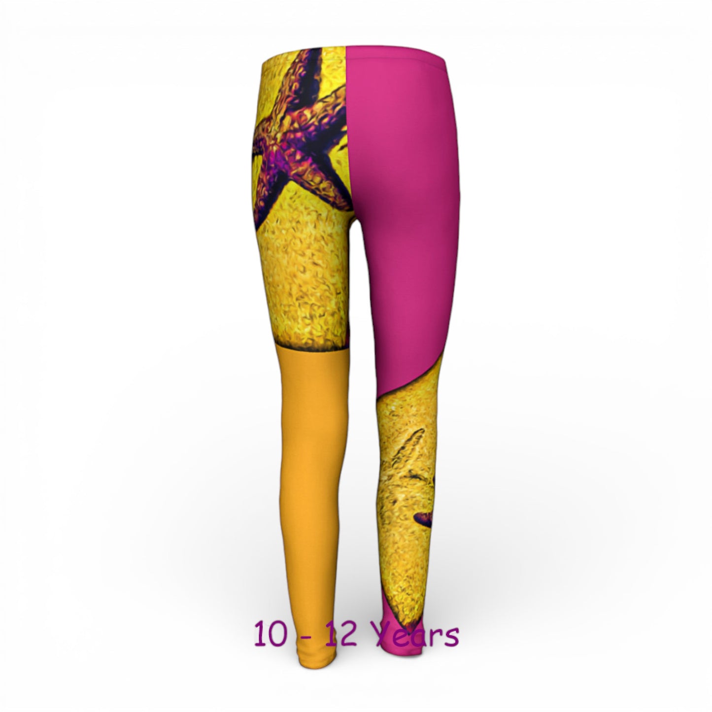 Colorful leggings with a yellow and pink design on a white background