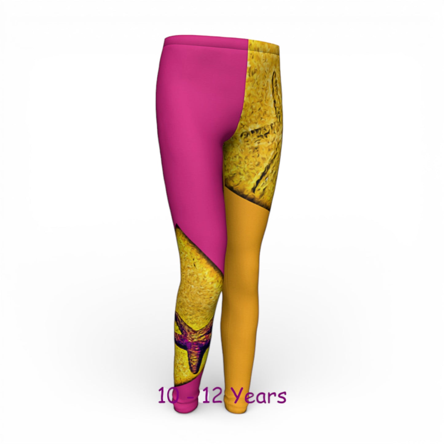 Pink and yellow leggings with a design on a white background