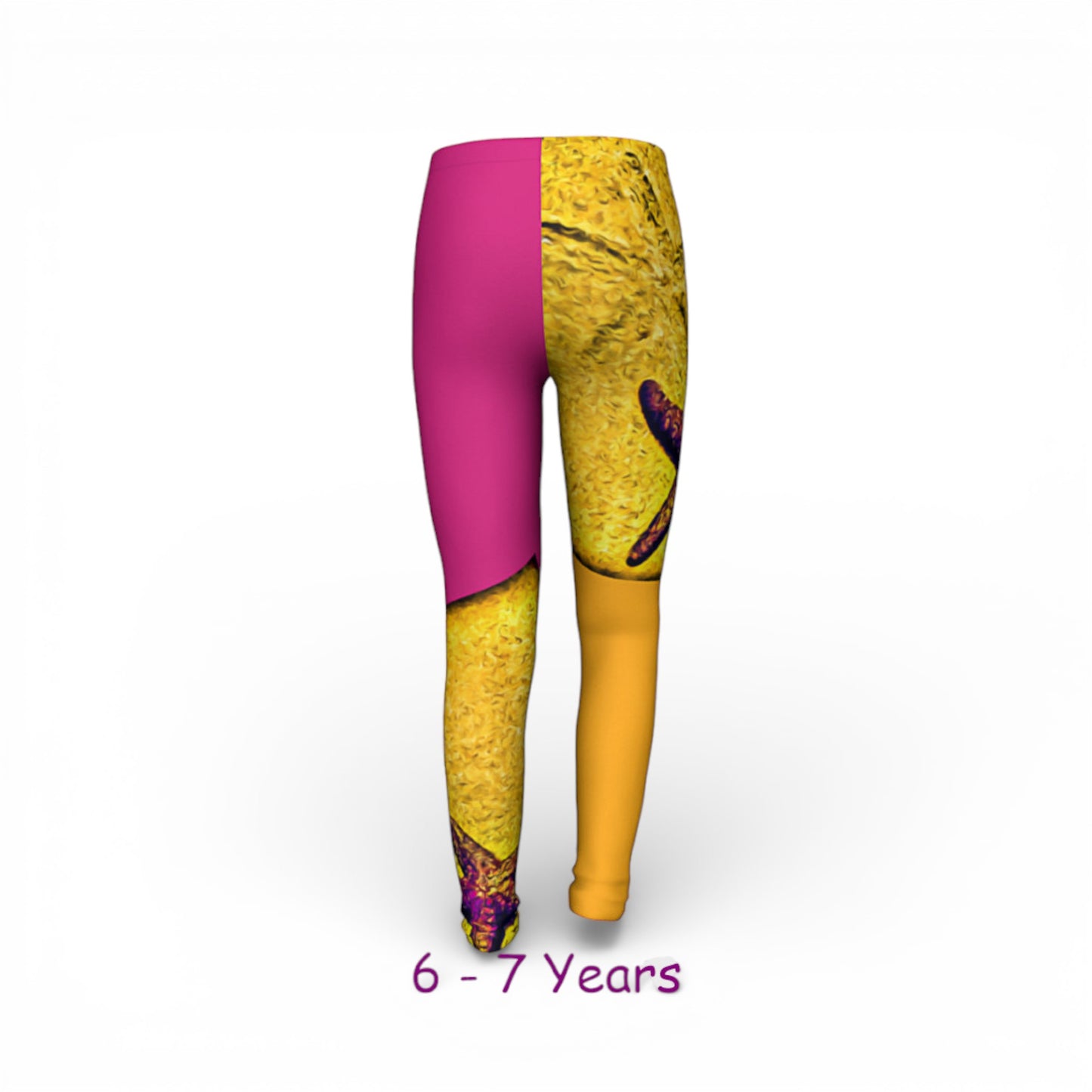Colorful leggings with pink and yellow design on a white background