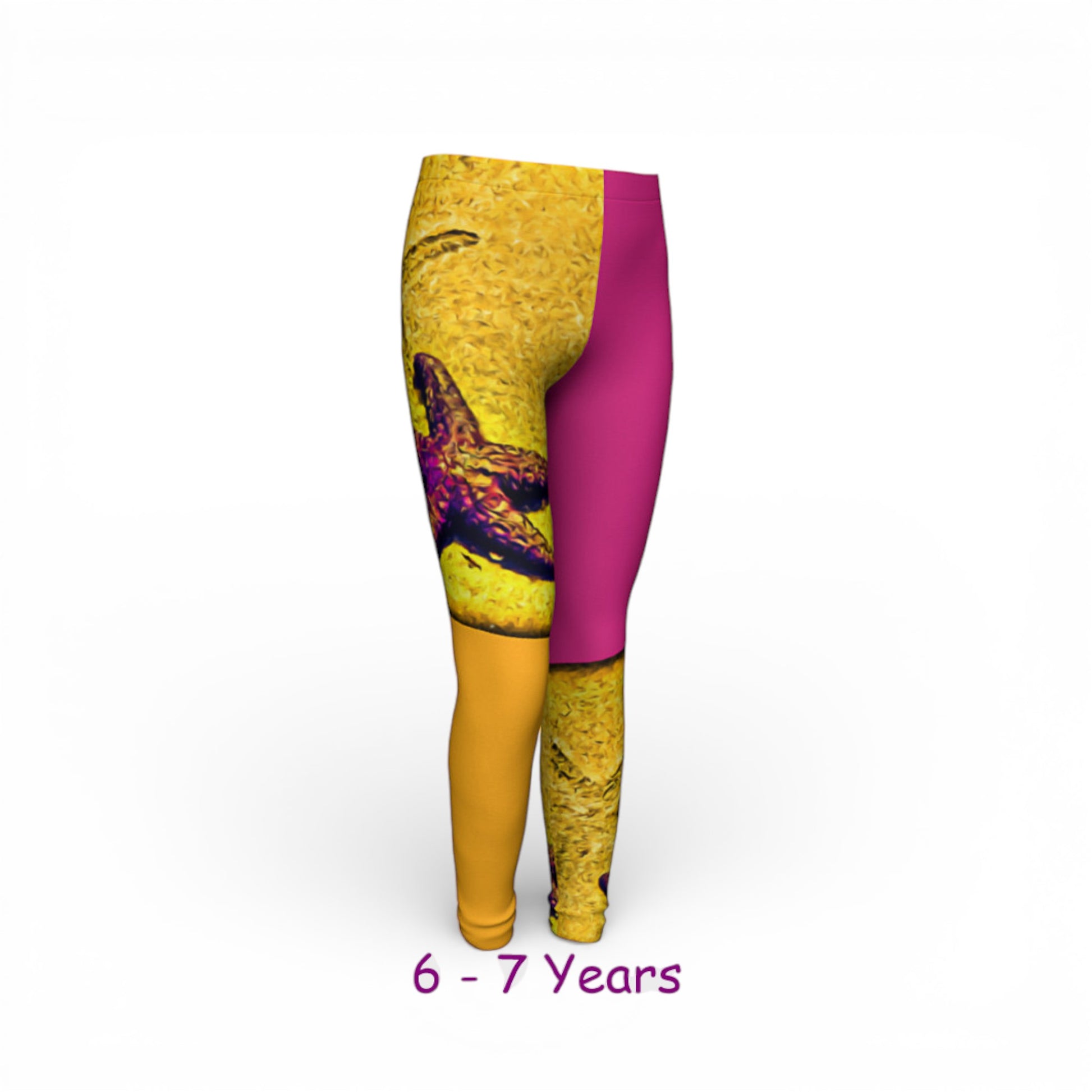 Colorful leggings with a design on a white background, size 6-7 years.