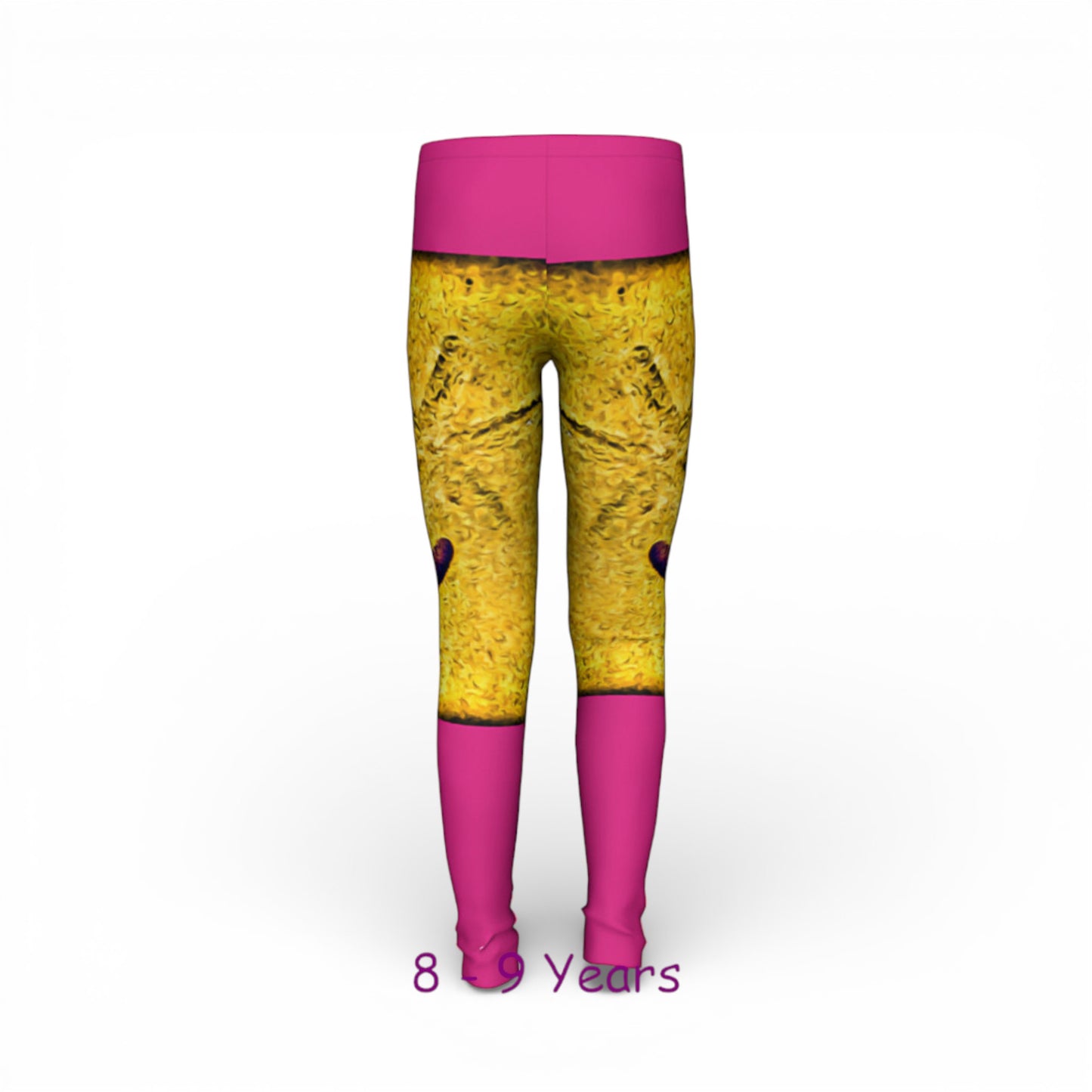 Yellow leggings with pink accents on a white background