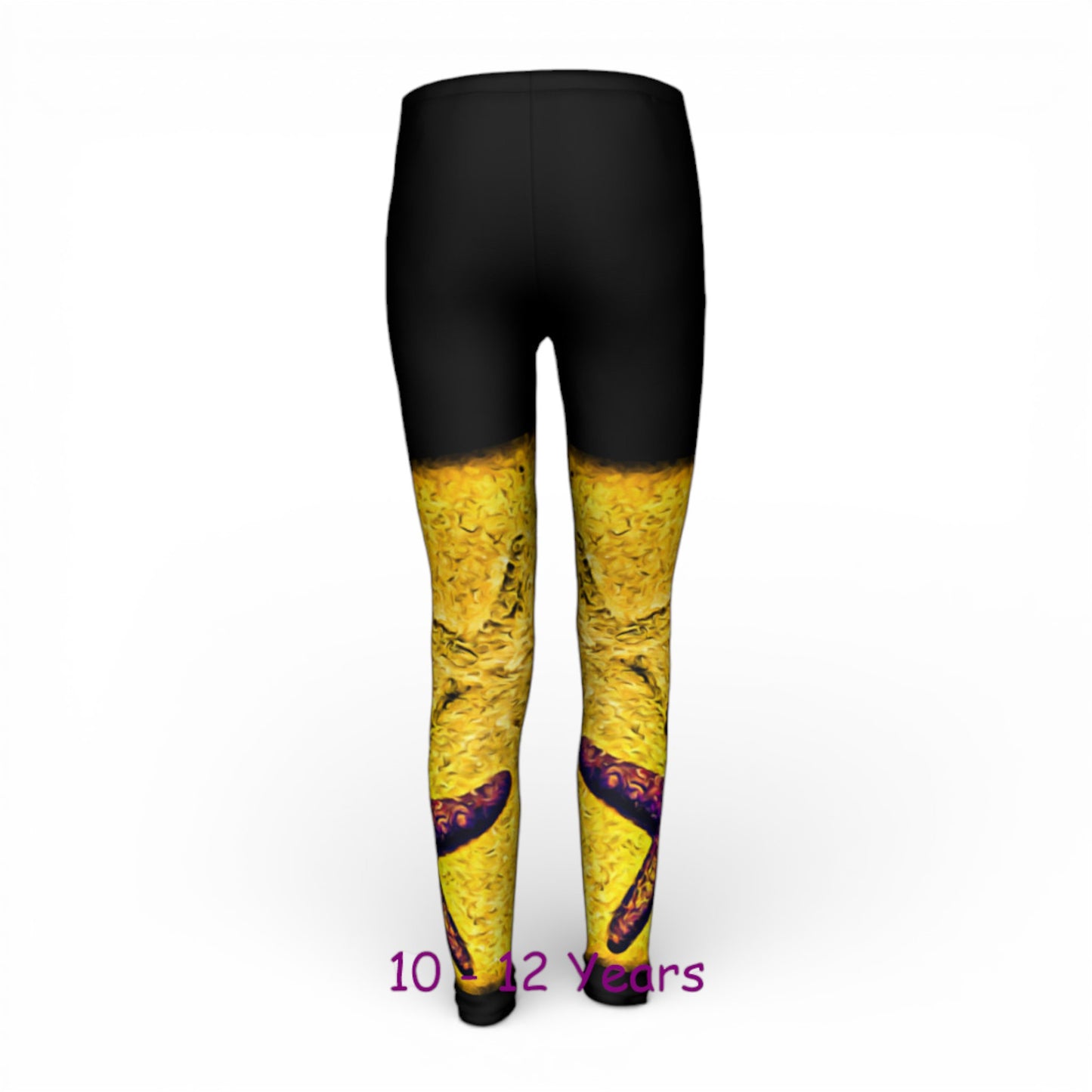 Black and yellow leggings with butterfly design on a white background
